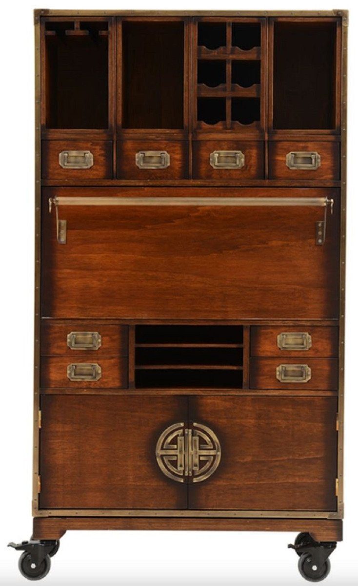 Barschrank Casa Padrino Luxus Vintage Stil Barschrank mit Rollen Braun 96 x 37 x H. 173,5 cm - Massivholz Weinschrank - Vintage Stil Bar Möbel - Luxus Bar Möbel - Massivholz Bar Möbel