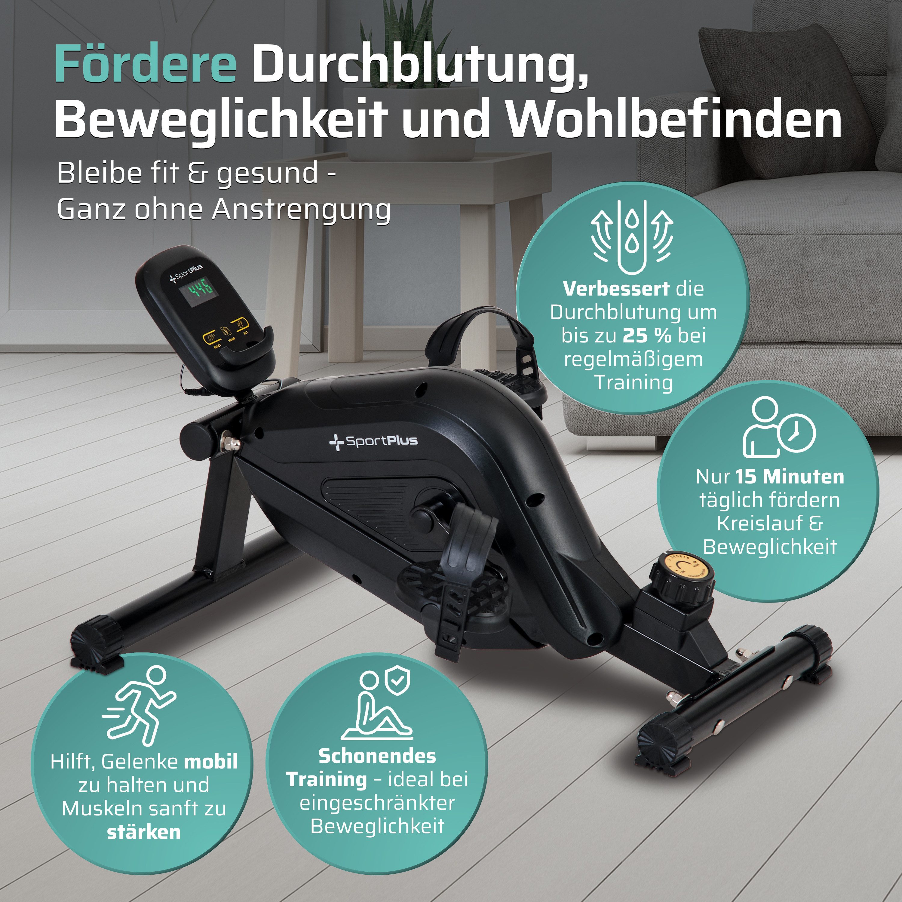 SportPlus Heimtrainer SP-HT-0100-B-iE, Beintrainer, Ausdauertraining am Schreibtisch, Mini-Heimtrainer