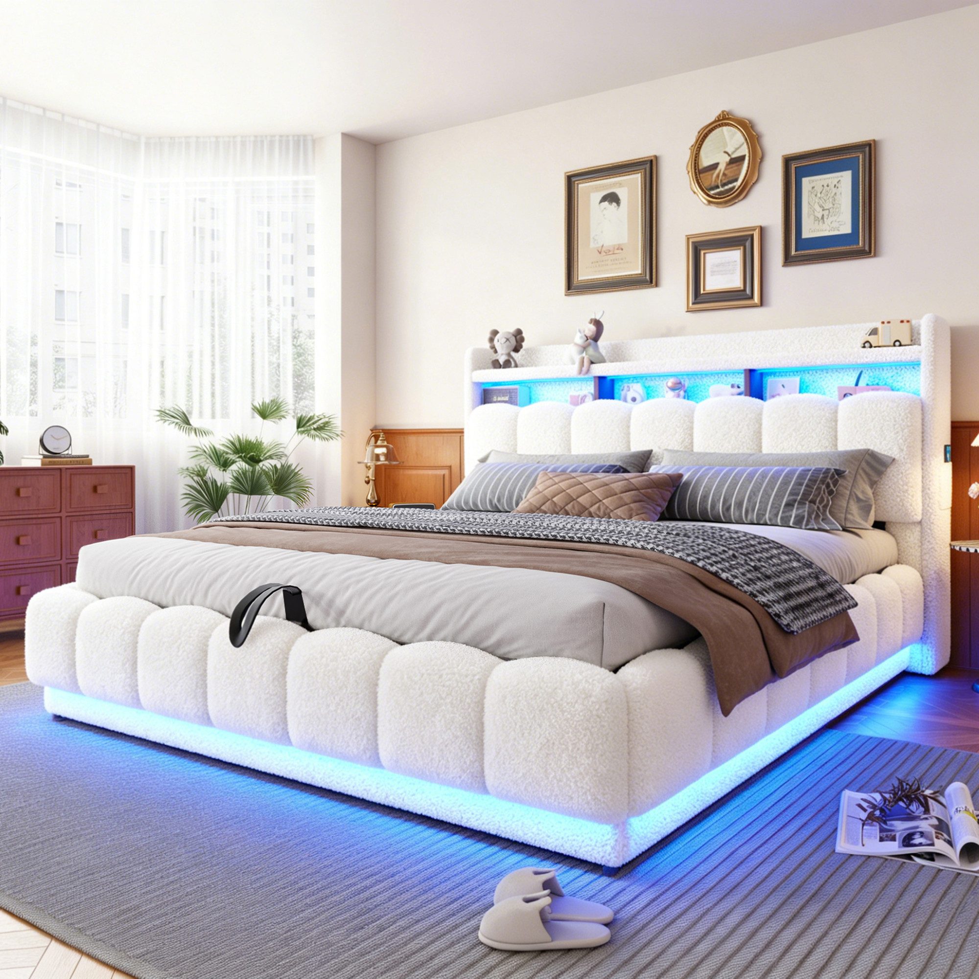 Celya Polsterbett 180 × 200 mit hydraulischem Stauraum und LED-Lichtleiste (ohne Matratze, mit USB-Anschluss, Lattenrost aus Metall)