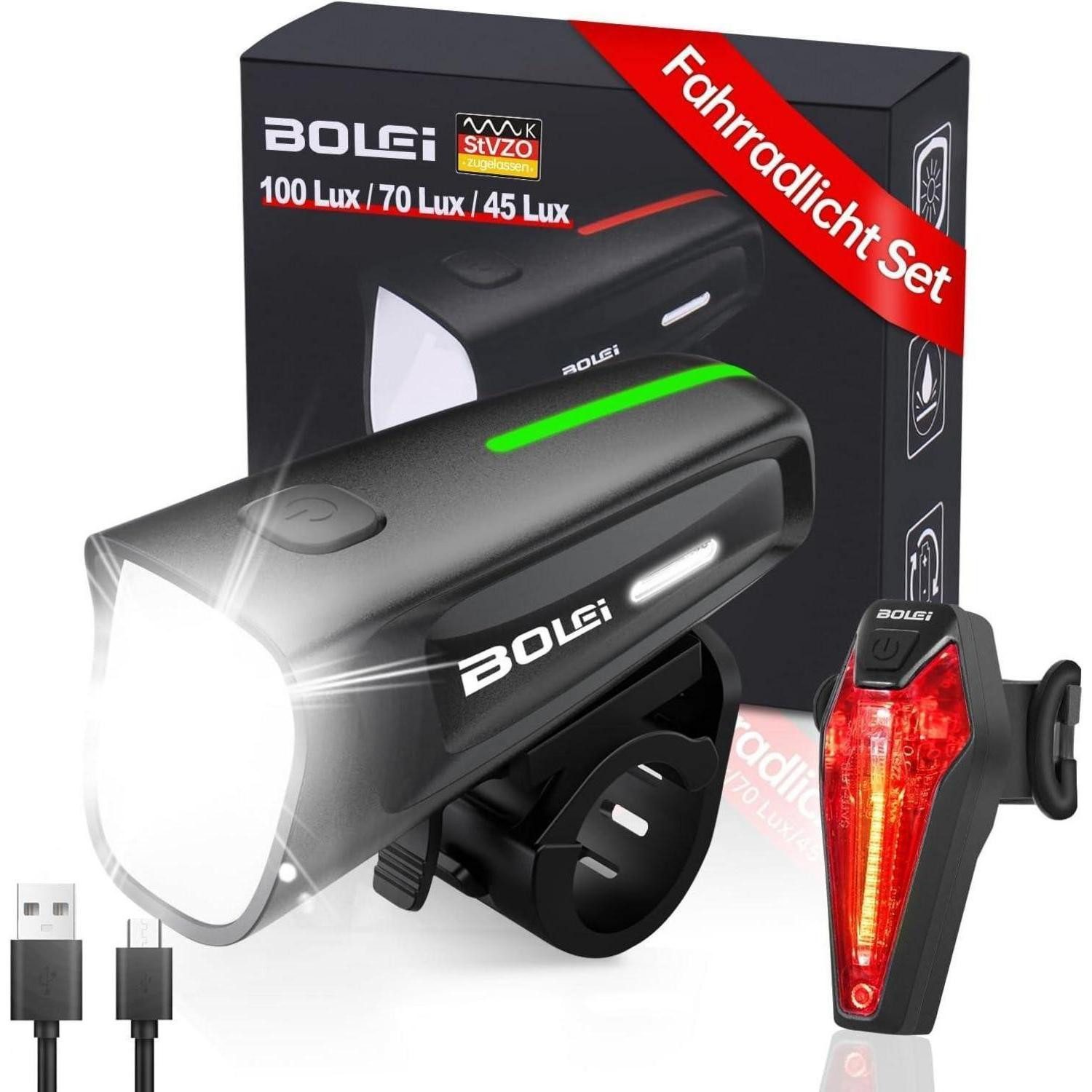 LuxusKollektion Fahrradständer LED Fahrradlicht Set 100 LUX StVZO Zugelassen USB Aufladbar IPX5