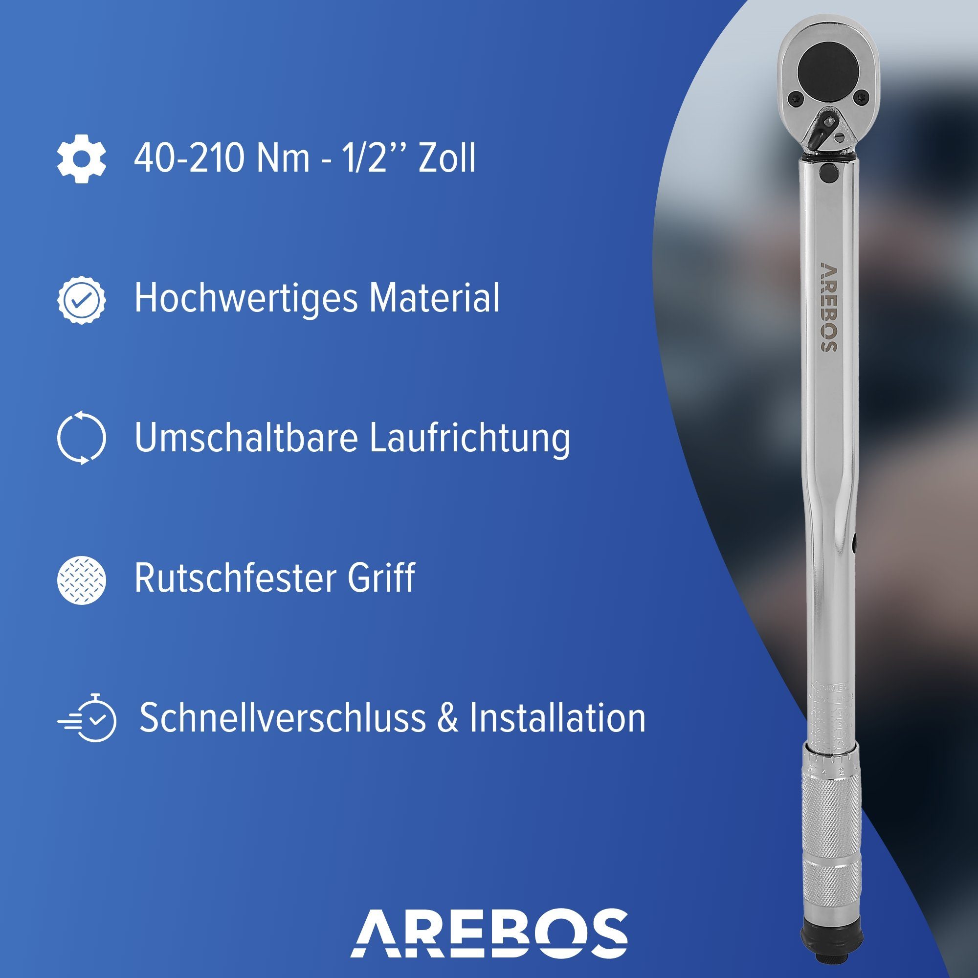 Arebos Precision Torque Wrench Socket Set 40–210 Nm, incl. Case & Accessories, 6-Piece Set, Ideal for DIY enthusiasts, car mechanics, bicycle and motorcycle maintenance.