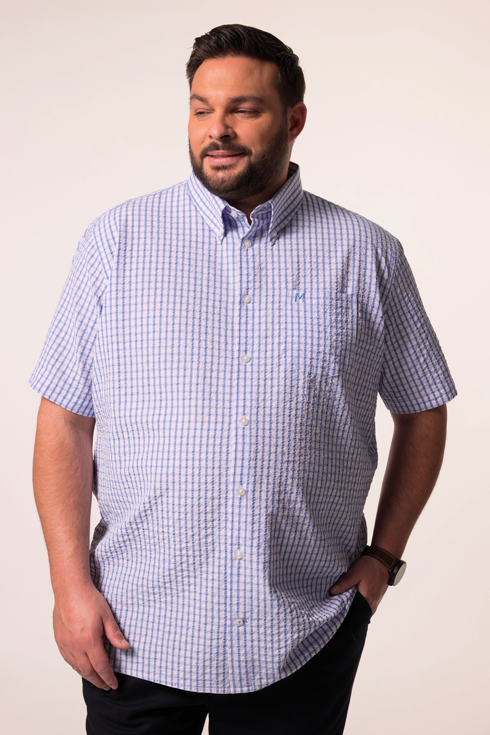 Men Plus Kurzarmhemd Karohemd Halbarm Seersucker Buttondown-Kragen