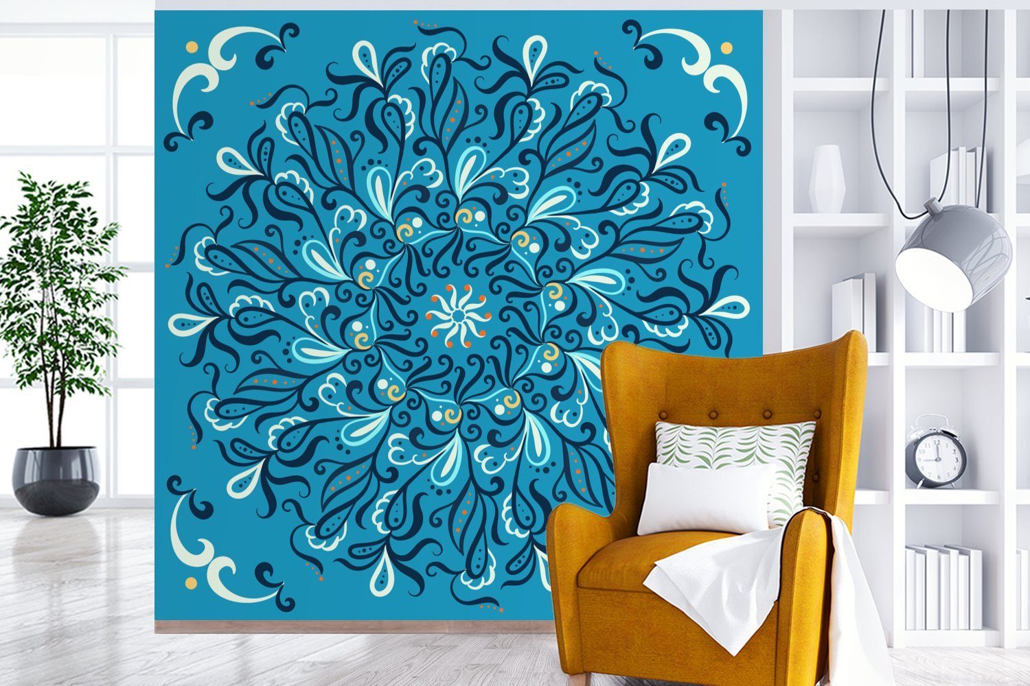MuchoWow Fototapete Mandala - Blau (5 Tapete Matt, Wandtapete oder Muster, Wohnzimmer - bedruckt, für St), Vinyl Schlafzimmer