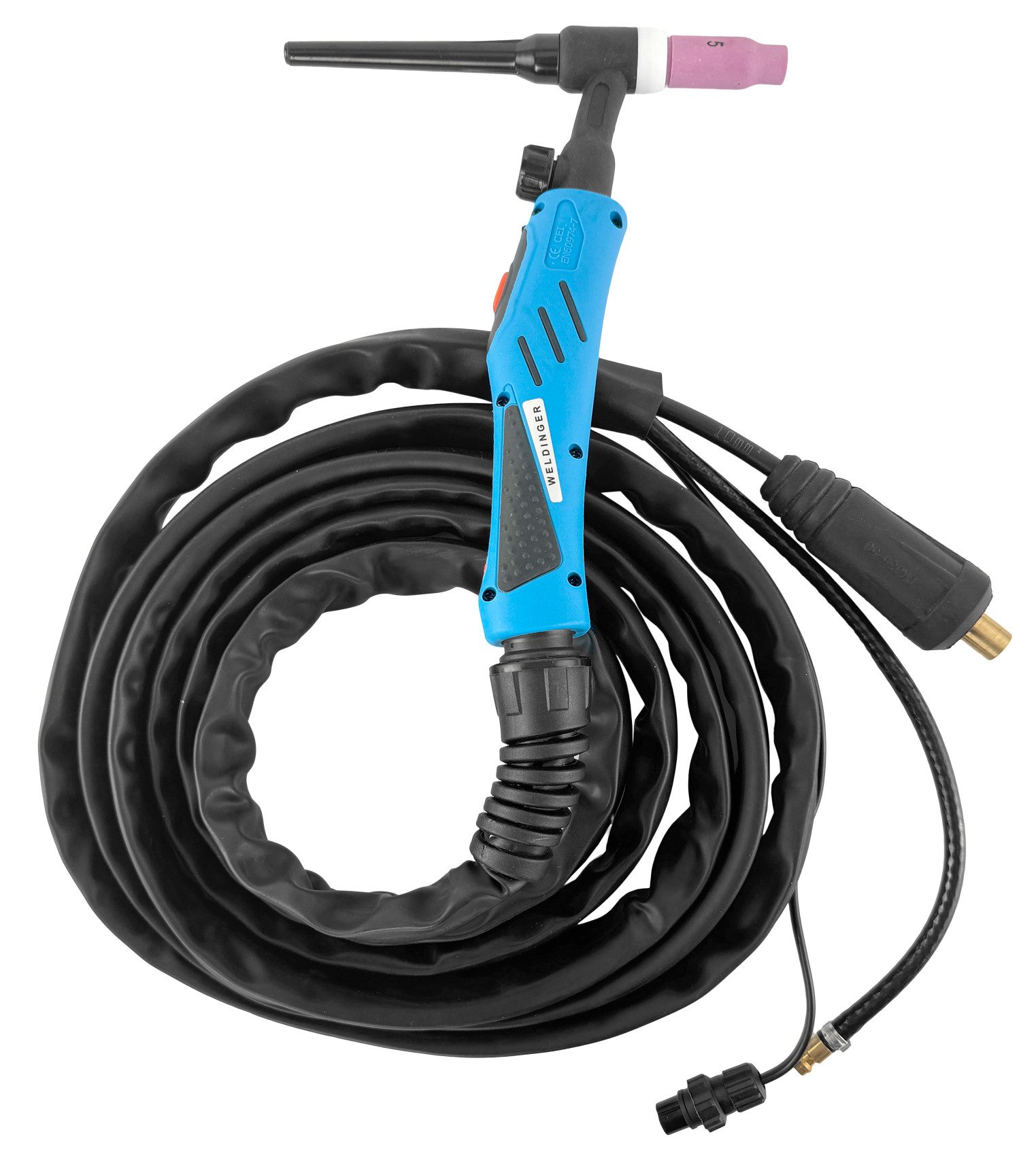 WELDINGER Inverterschweißgerät WIG-Schlauchpaket WP17 flex 4 m 2-polig 13 mm Dorn Gas NW5 bis 160 A, 120 - 160 A, Außenschutzschlauch aus Gummi, Gasschlauch mit NW5 Schnellkupplung