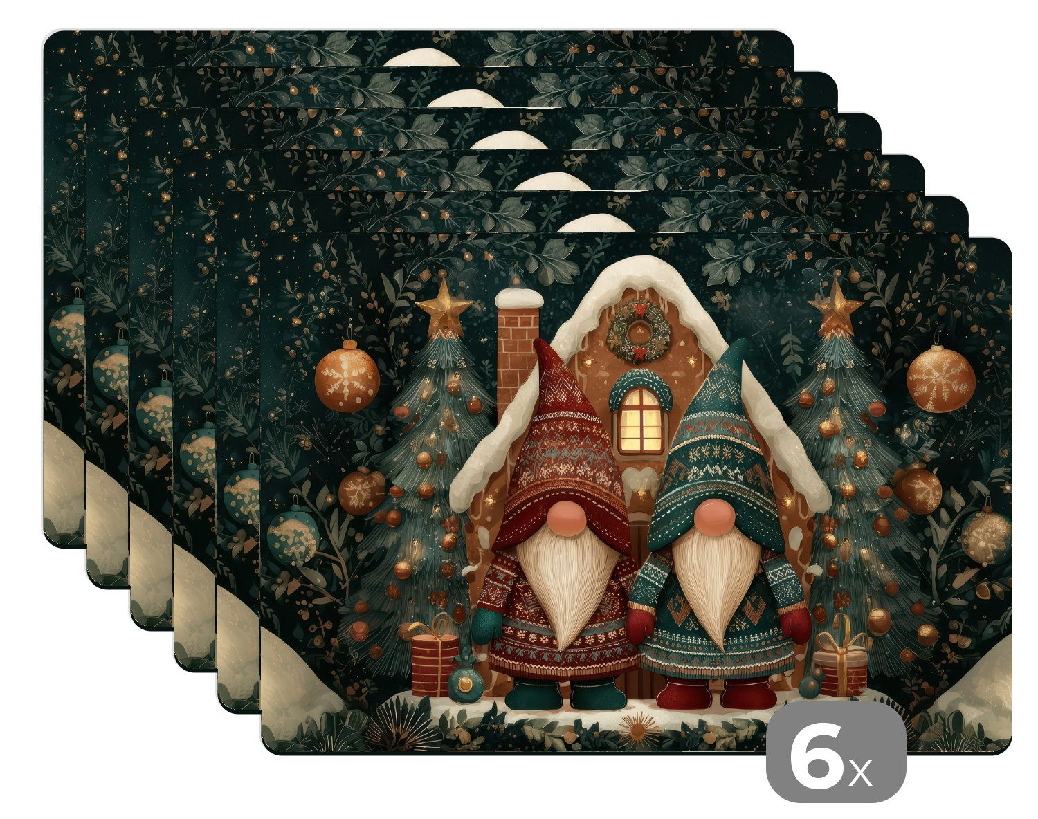 MuchoWow Platzset Weihnachten - Wichtel - Lebkuchenhaus - Rot - Grün, (6-St), Platzsets, Tischset, Abwaschbar, Tischsets, Platzdeckchen