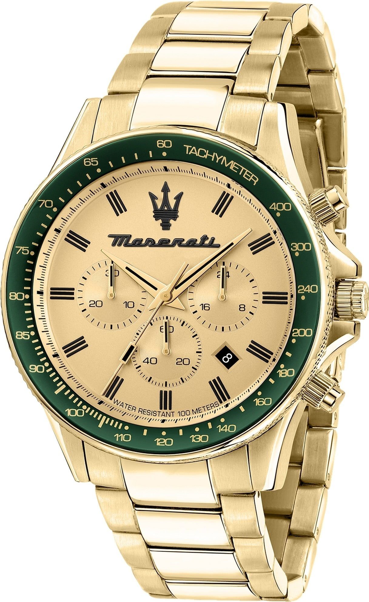 MASERATI Chronograph Maserati Herren Uhr Chronograph, Herrenuhr rund, groß (ca. 44mm) Edelstahlarmband, Made-In Italy gold