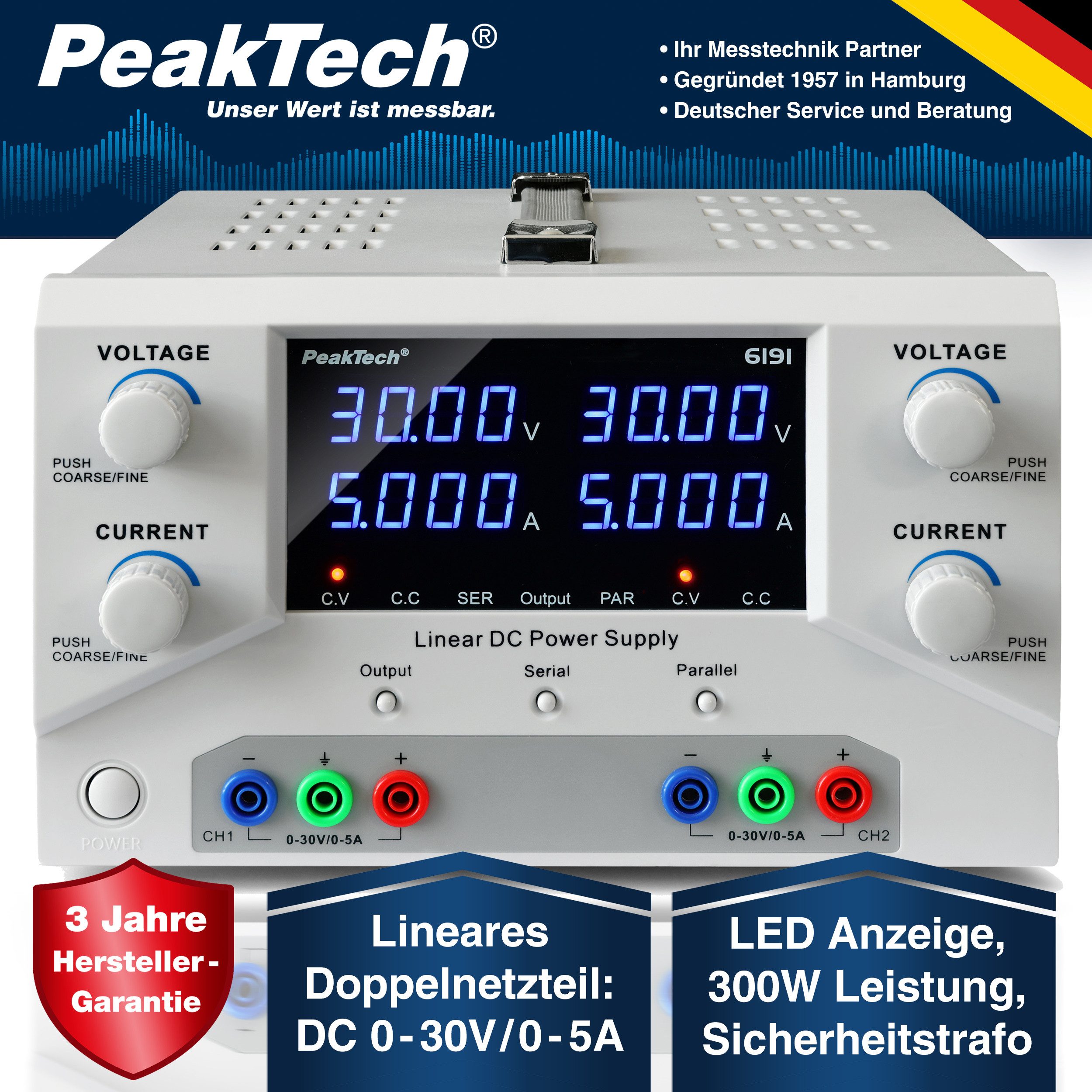 PeakTech 30 V 5 A DC Labornetzteil 2×0–30 V/0–5 A SELV, linear Labor-Netzteil