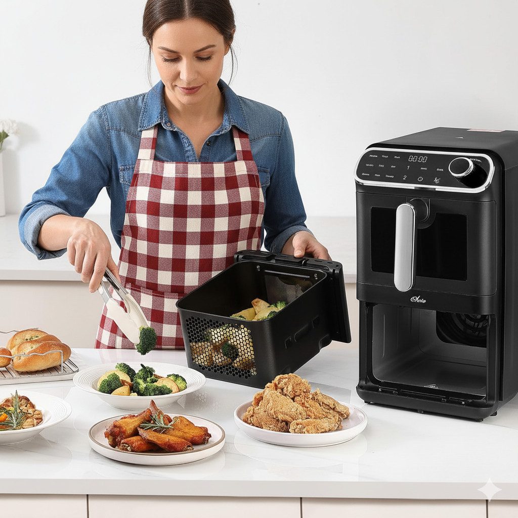 Oleio Heißluftfritteuse Oleio Maestro Vertikaler TwinFryer 11L, 2460 W, Vertikal Dual Kammer Airfryer 2x 5,5 Liter 2460W