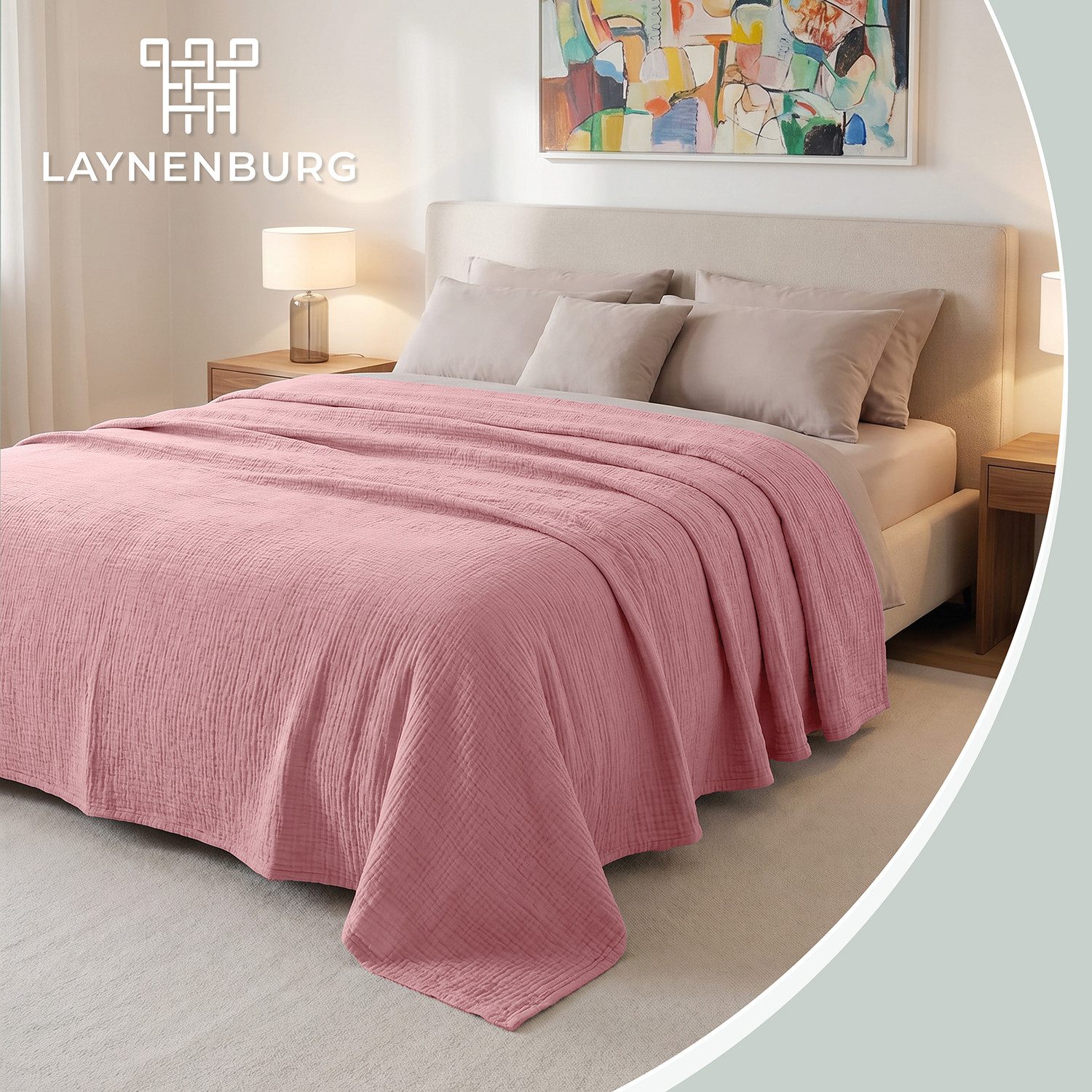 Laynenburg Tagesdecke Musselin aus 100% Baumwolle – Baumwolldecke, Kuscheldecke, Wohndecke als Sommerdecke, Bett-Überwurf, Couch-Überwurf, Sofa-Decke – Bild 2 von 5