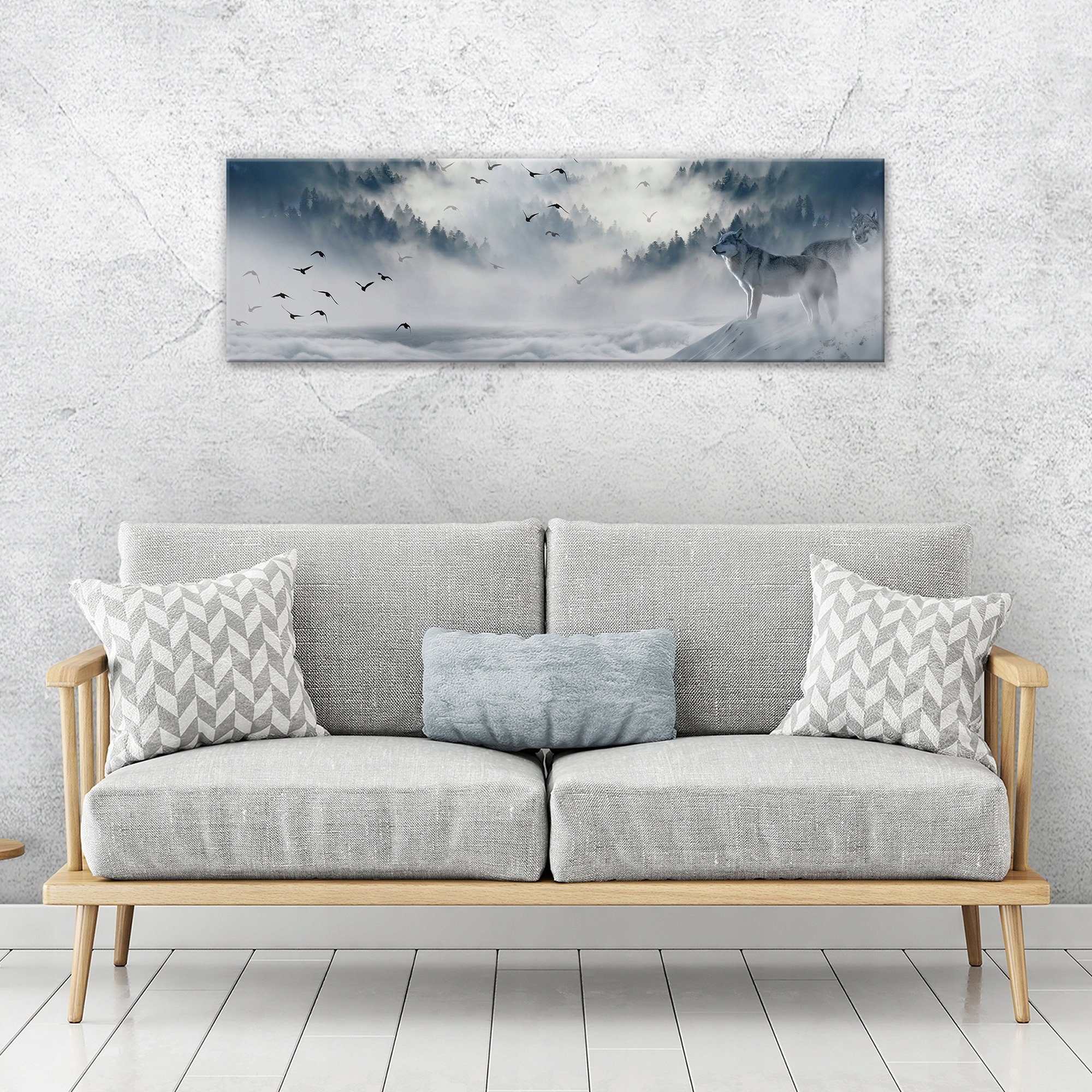 Wallarena Leinwandbild Wolf Natur Wald Tiere Grau Wand Deko 145x45 cm Groß günstig online kaufen