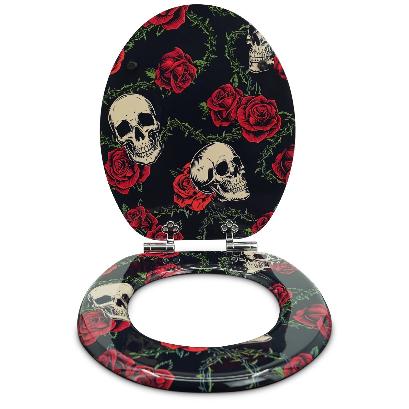 Sanfino WC-Sitz "Rose Skull" Premium Toilettendeckel mit Absenkautomatik aus Holz, mit schönem Totenkopf-Motiv, hohem Sitzkomfort, einfache Montage – Bild 3 von 5