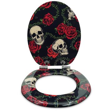 Sanfino WC-Sitz "Rose Skull" Premium Toilettendeckel mit Absenkautomatik aus Holz, mit schönem Totenkopf-Motiv, hohem Sitzkomfort, einfache Montage
