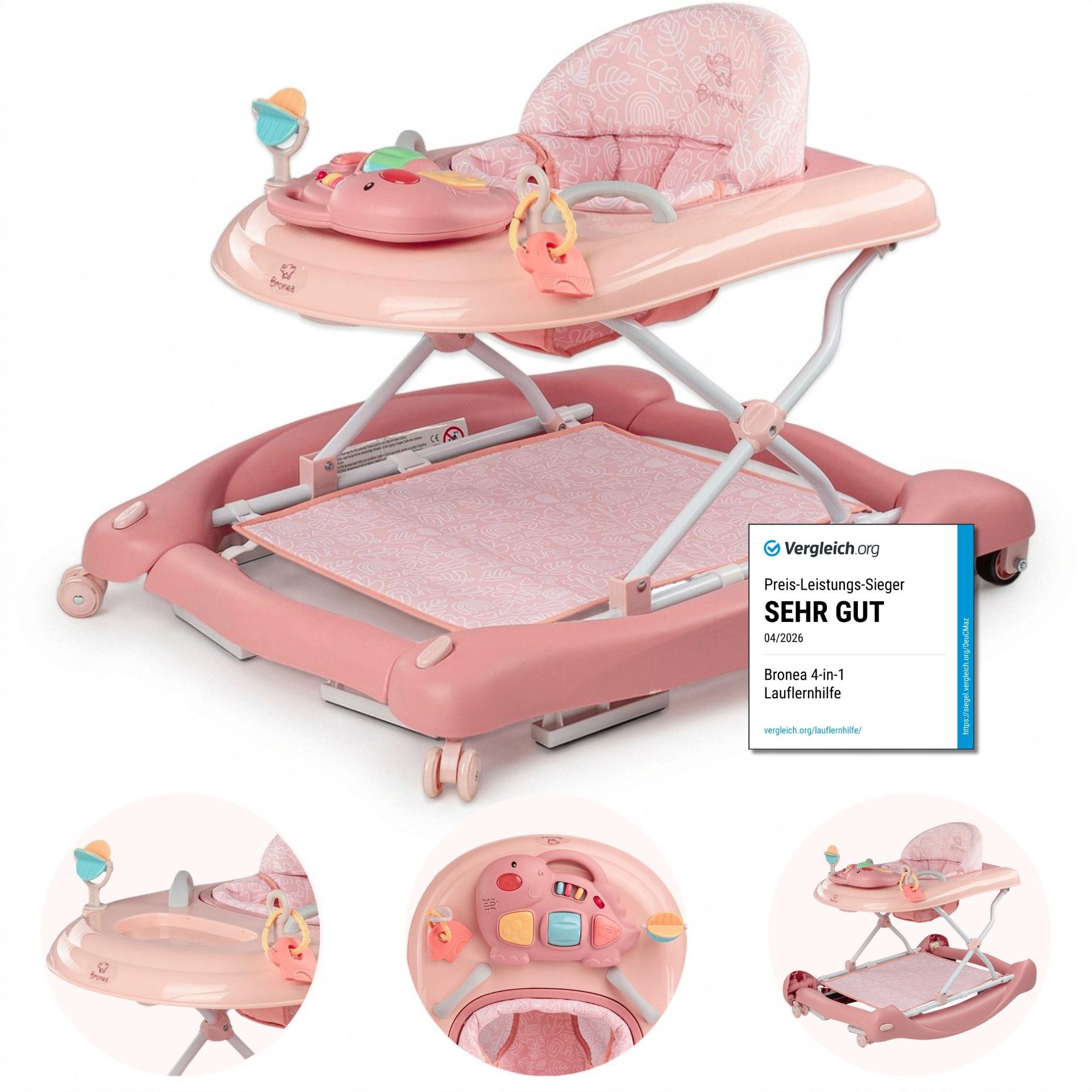Bronea Lauflernhilfe Happy Life 5-in-1 Babywalker Gehfrei Lauflernwagen Schaukel Wippe, Ausnehmbaren Sitz, Im nu zum Schaukel, Widerstand Reifen einstellbar