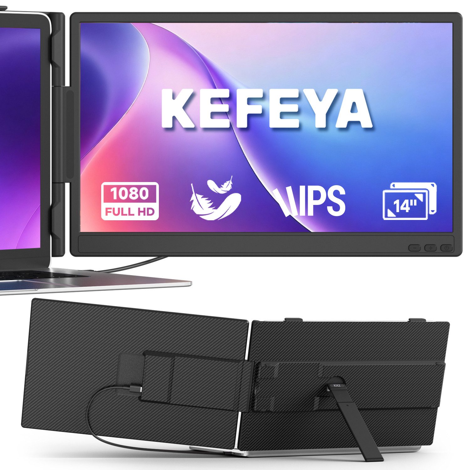 KEFEYA Portabler Monitor, Laptop-Bildschirm-Extender, Dual-Display, LCD, IPS Portabler Monitor (36 cm/14 ", 1920x1080 px, Full HD, 60 Hz, IPS, LCD, Laptop-Bildschirmerweiterung, Kompatibel mit Mac/Windows/Chrome etc)