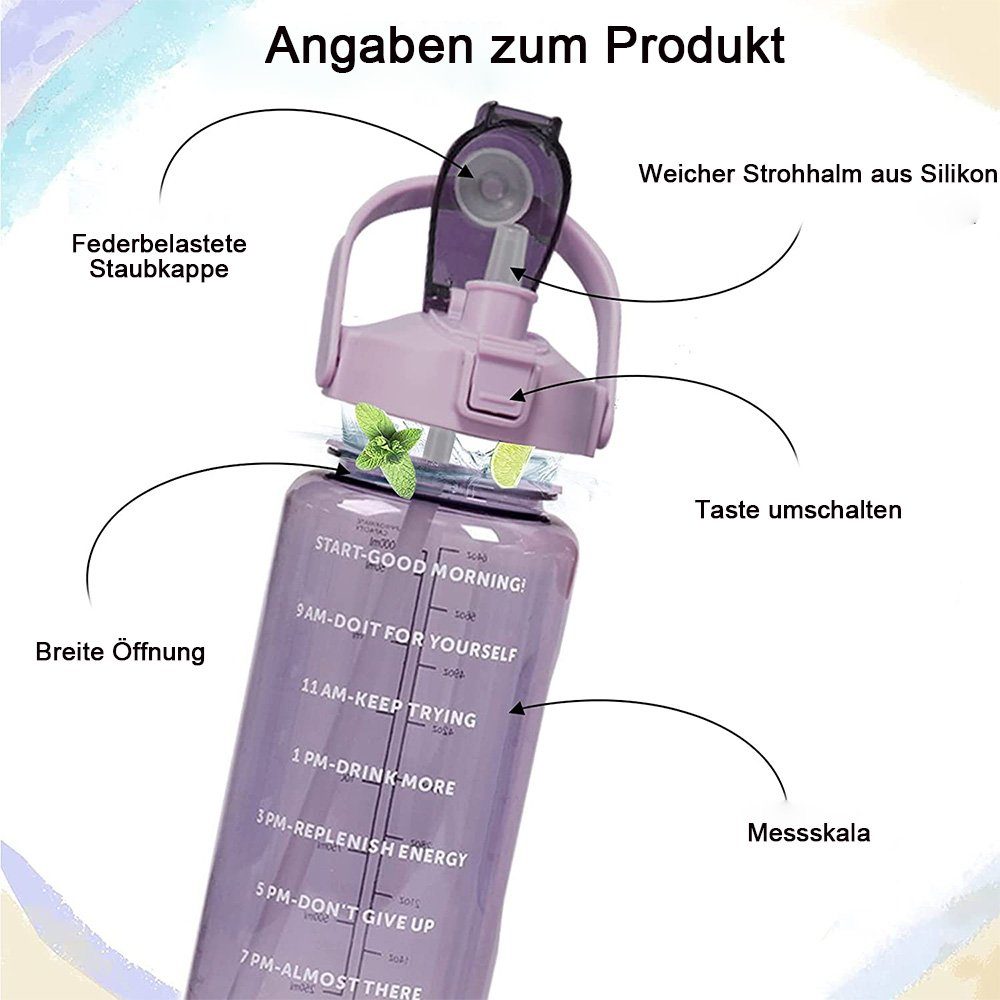 zggzerg Trinkflasche 2l Große Sport Strohhalm und Trinkflasche Zeitmarkierung Violett mit