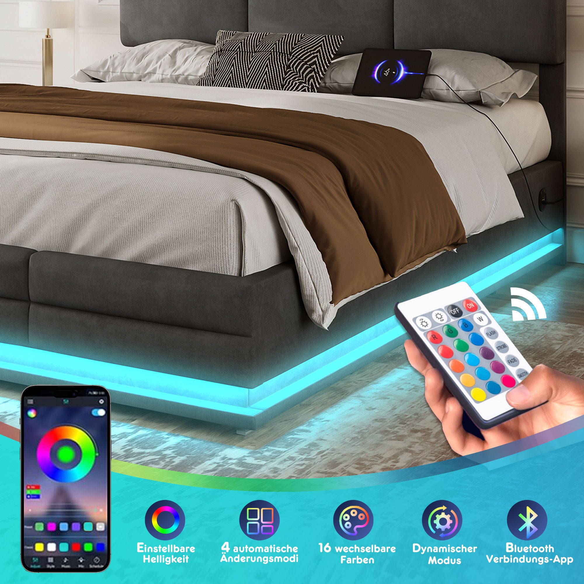 LVHOM Boxbett 90/140/160/180x200 cm mit LED, USB, Typ C-Ladeanschluss, Bettkasten (Bettgestell/Polsterbett/Doppelbett/Stauraumbett), Ideal für Schlafzimmer und  – Bild 5 von 5