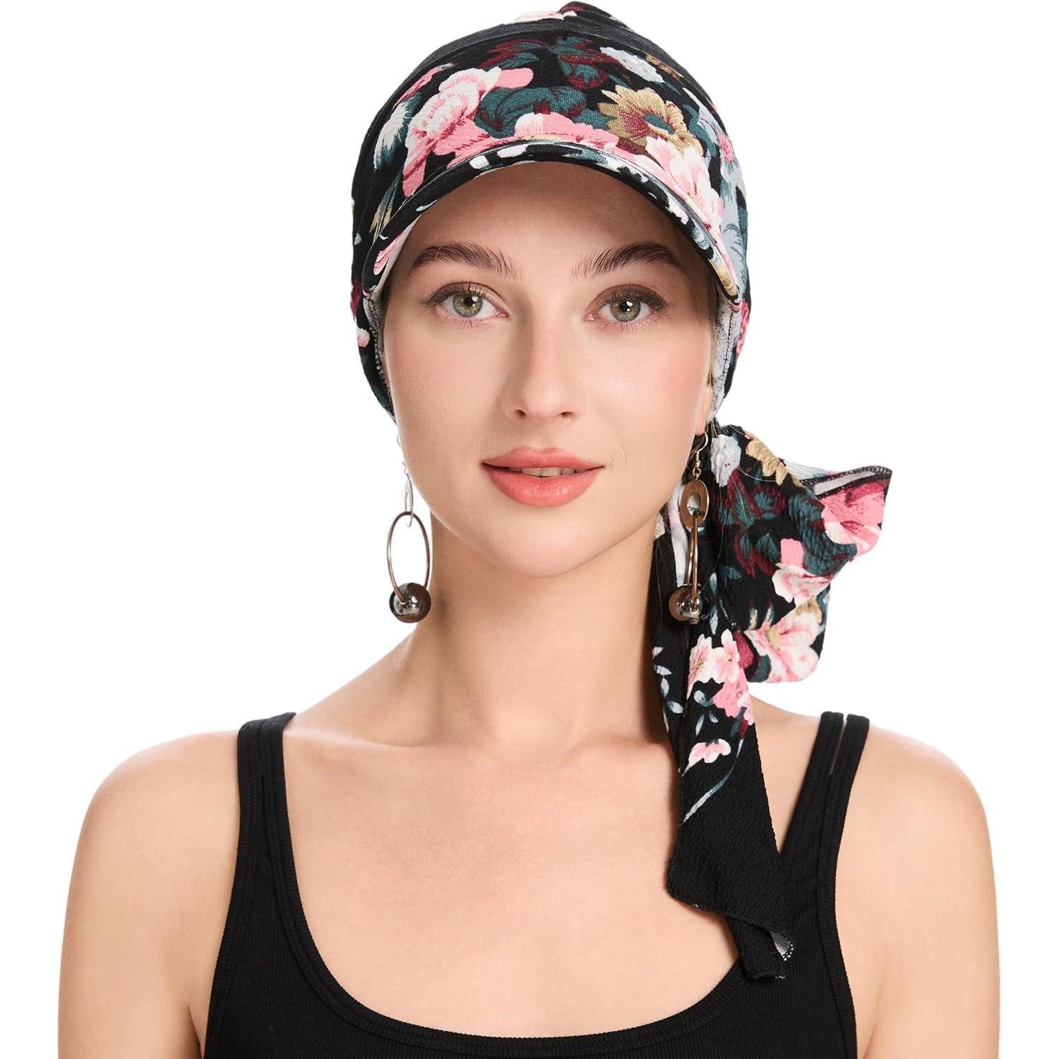 LuxusKollektion Turbanmütze Kopfbedeckung Chemo Damen Mütze Beanie Gebundene Rote Blumen Schwarz