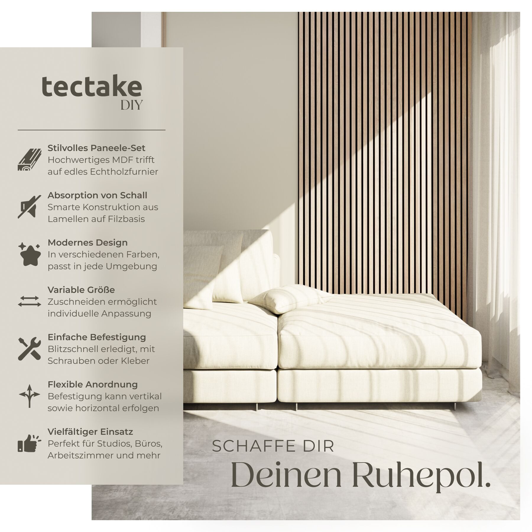 tectake Wandpaneel Akustikpaneele aus MDF und Echtholzfurnier - Eiche hell, BxL: 60x120 cm, (Holzpaneele Sonic Wall II, 2-tlg., Größe flexibel anpassbar) schallabsorbierender Filz, einfache Montage mit Kleber oder Schrauben