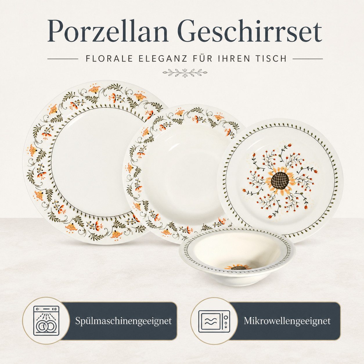 Hermia Concept Geschirr-Set Sunflower (24-tlg), 6 Personen, Porzellan, 24 Teile für 6 Personen, spülmaschinenfest und mikrowellengeeignet