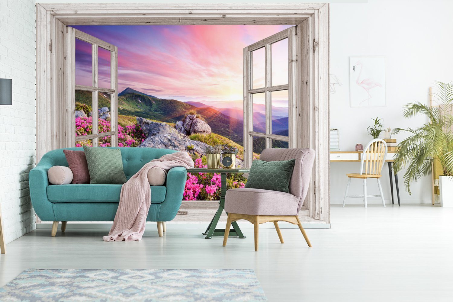 St), für Abend (6 Wohnzimmer, Aussicht Blumen Schlafzimmer, Wallpaper Matt, Landschaft - MuchoWow - - bedruckt, Vinyl Tapete - Rosa, Fototapete Kinderzimmer, - Berge