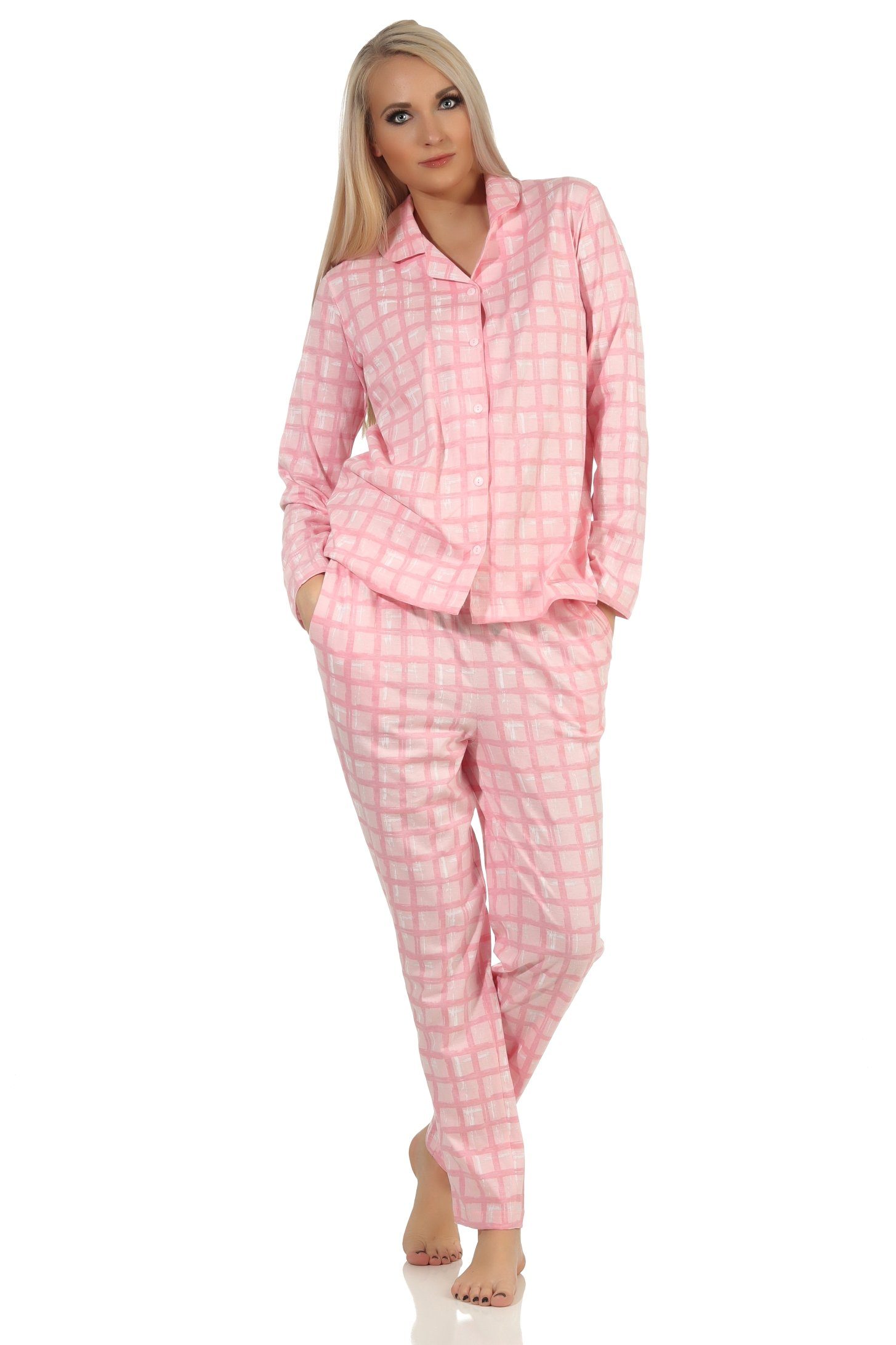 Normann Pyjama Damen Pyjama Optik zum aus Karo Jersey in durchknöpfen rosa