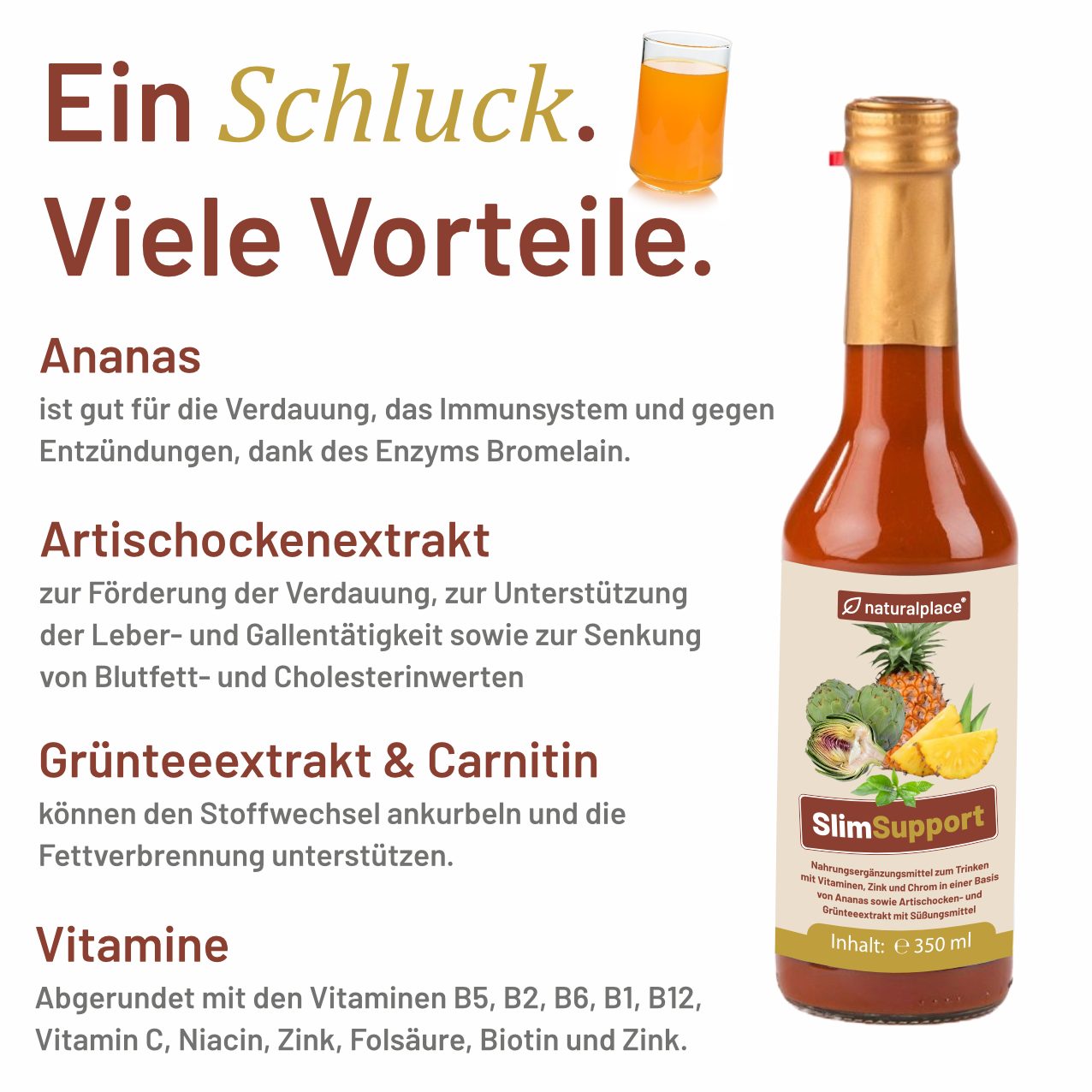 naturalplace® SlimSupport - Begleiter zum Wunschgewicht, mit Vitaminen, Zink, Chrom- Saft, 1050 ml, mit Ananassaft sowie Artischocken- und Grünteeextrakt, 3 Flaschen-Kur