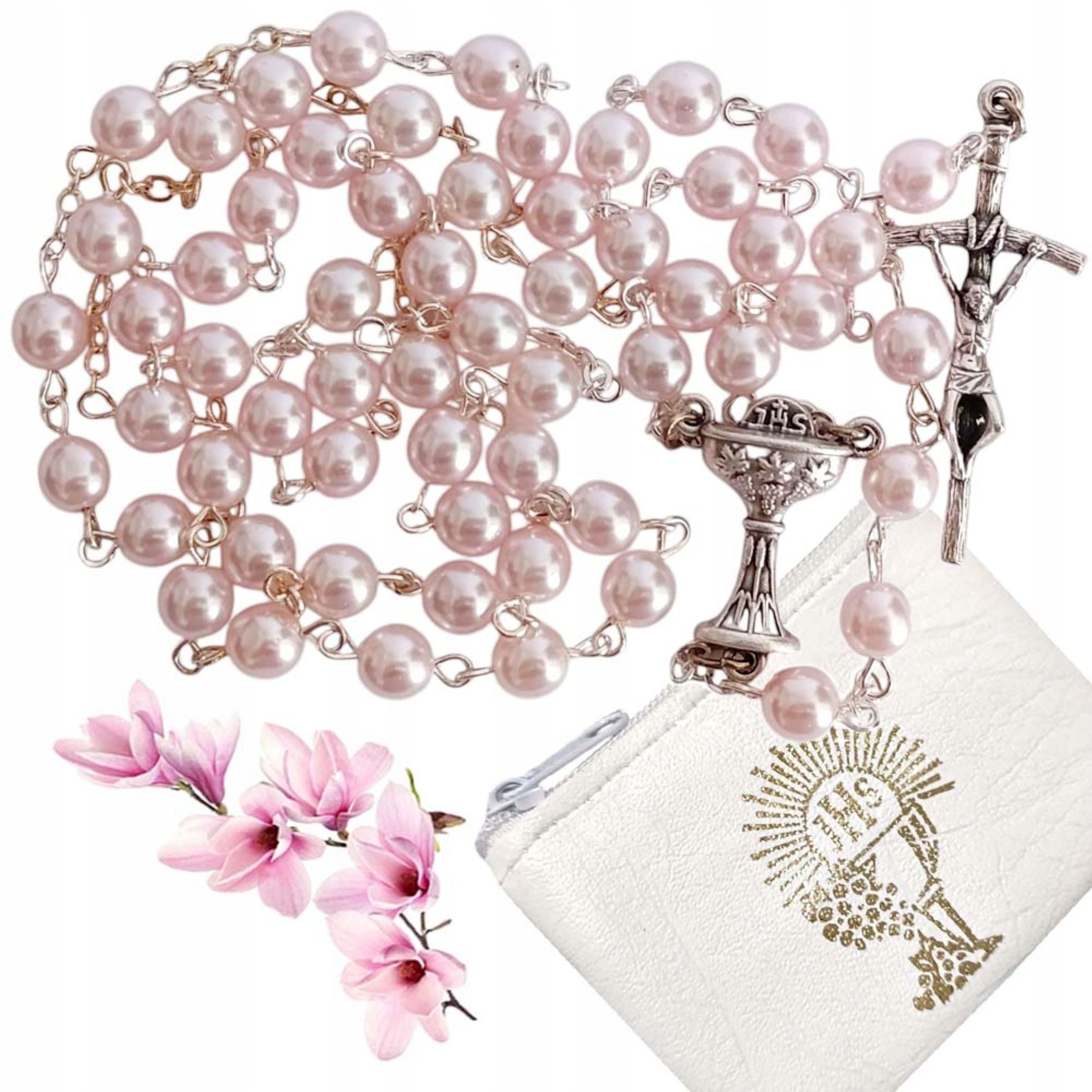 Festivalartikel Schmuckset Rosenkranz Kommunion Mädchen Rosa Perlen mit Etui & IHS Symbol (1-tlg)