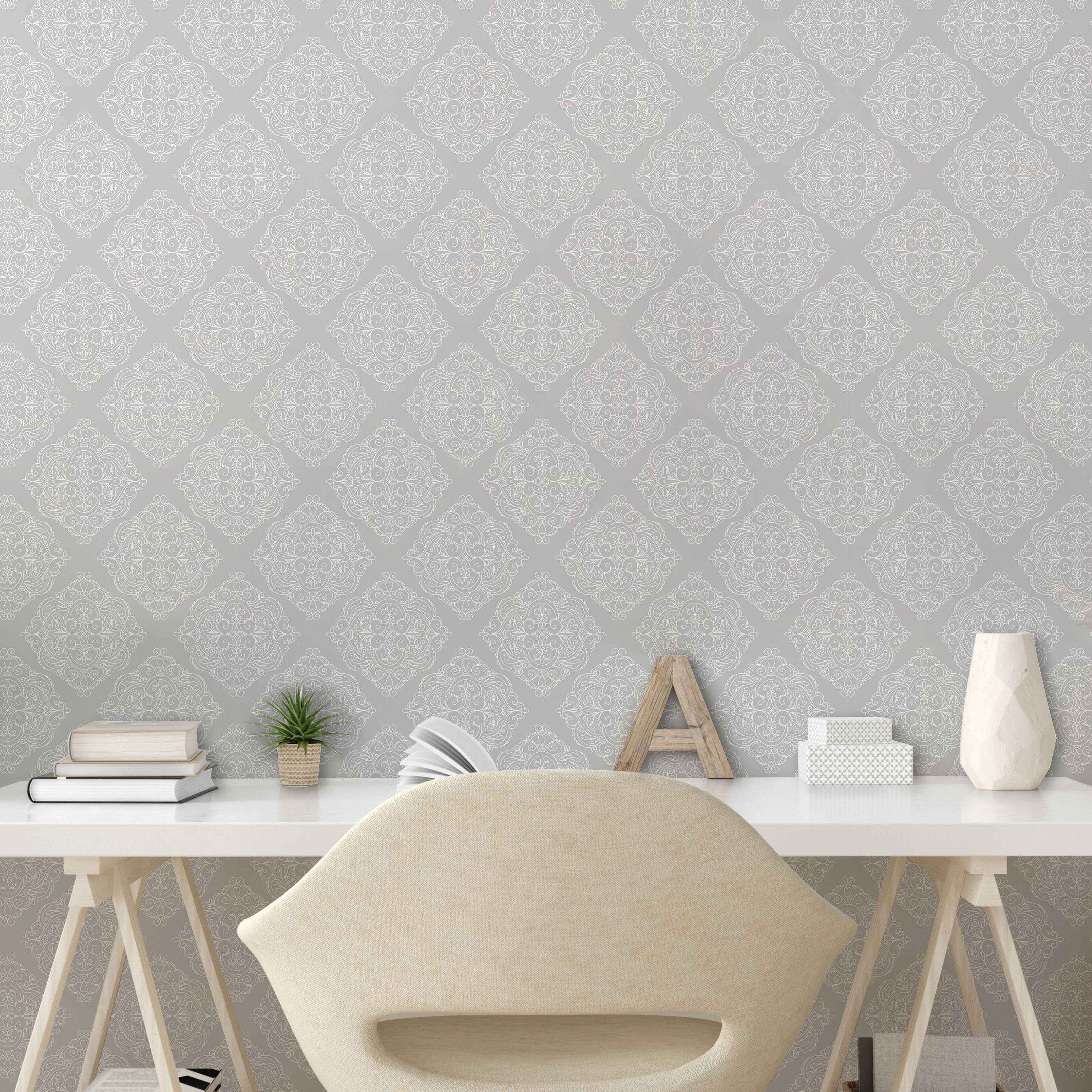Abakuhaus Vinyltapete selbstklebendes Wohnzimmer Küchenakzent, Blumenverzierung Curlicue Retro Grau