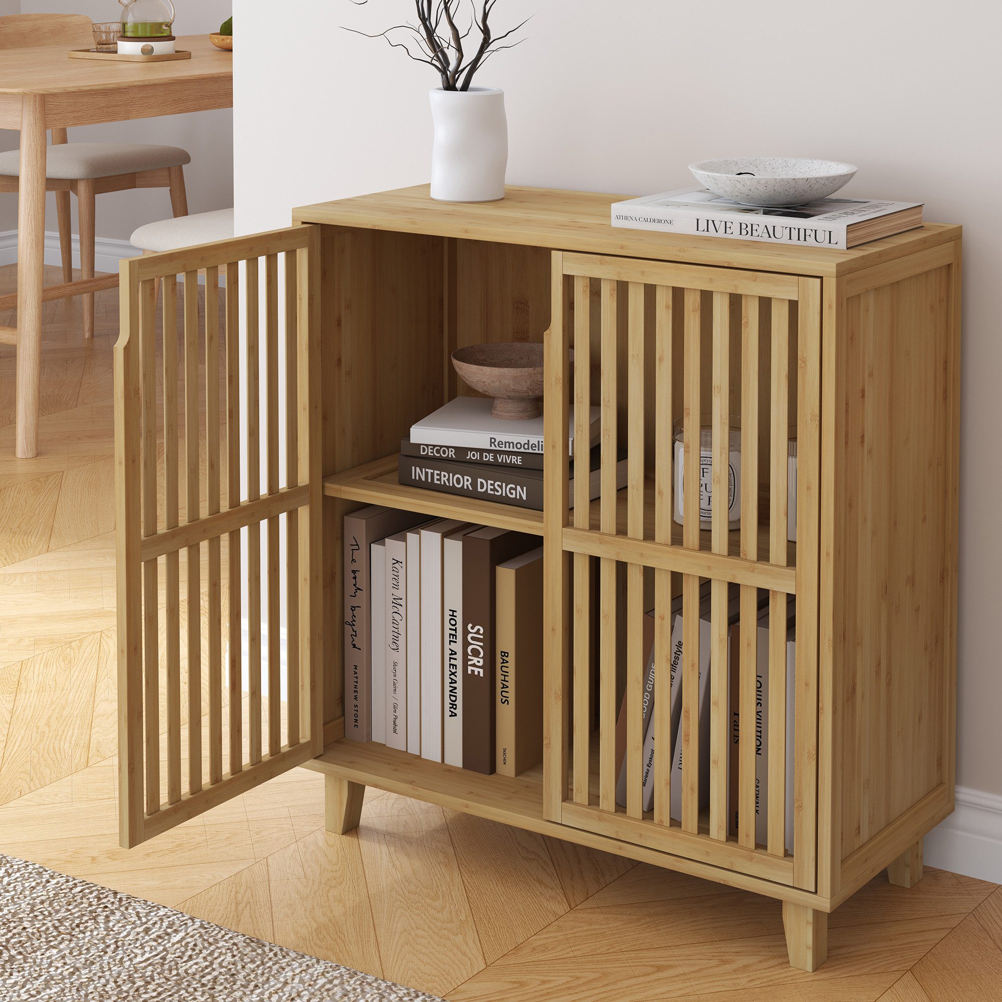 en.casa Beistellschrank »Sirgerg« 77 x 72 x 33 cm mit 2 Türen und 2 Fächern Bambus Natur