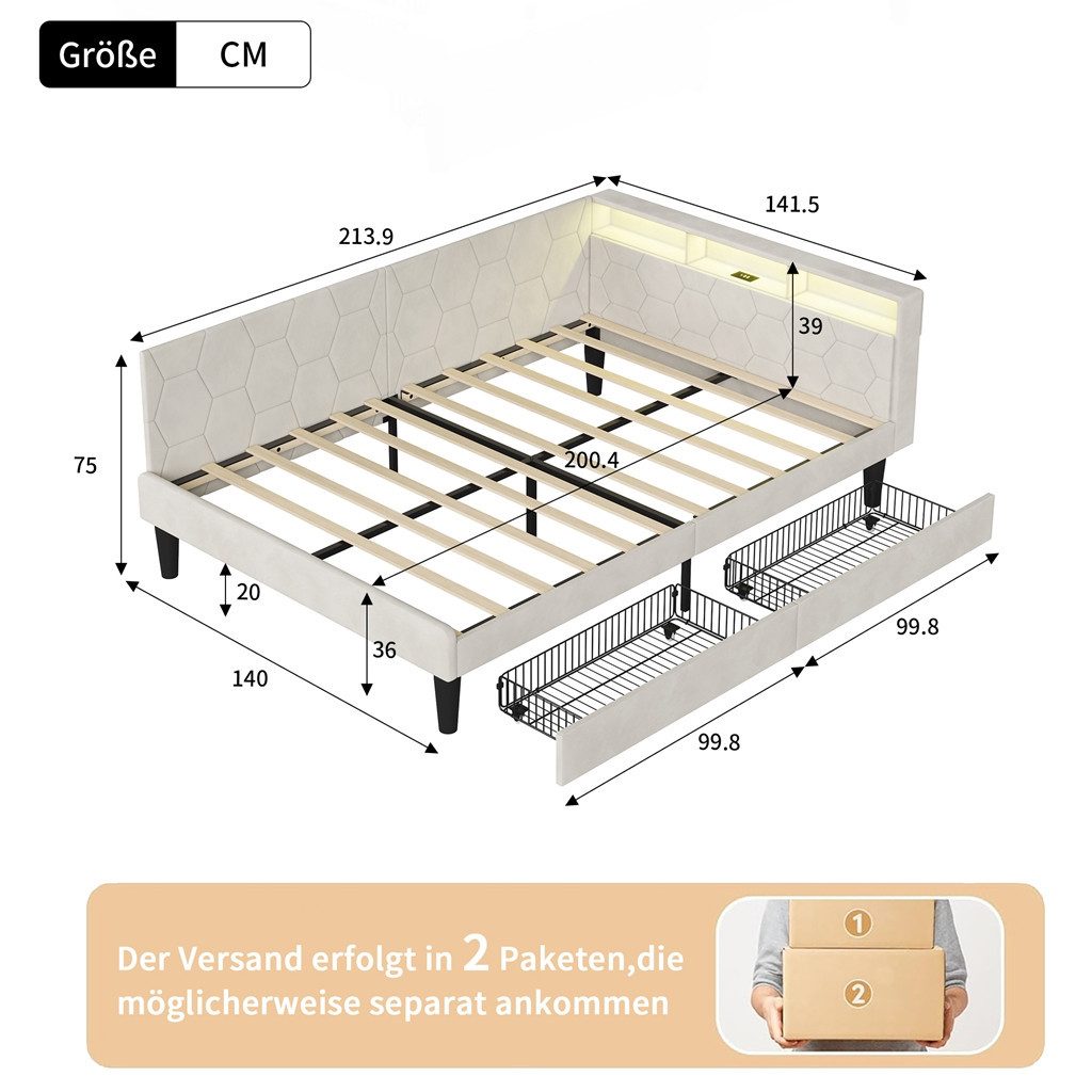 Simurq Polsterbett Daybett mit LED-Beleuchtung und USB, Schlafsofa Tagesbett Jugendbett (1 tlg, ohne Matratze), Sofabett, Doppelbett mit Lattenrost, Samtstoff,  – Bild 2 von 5