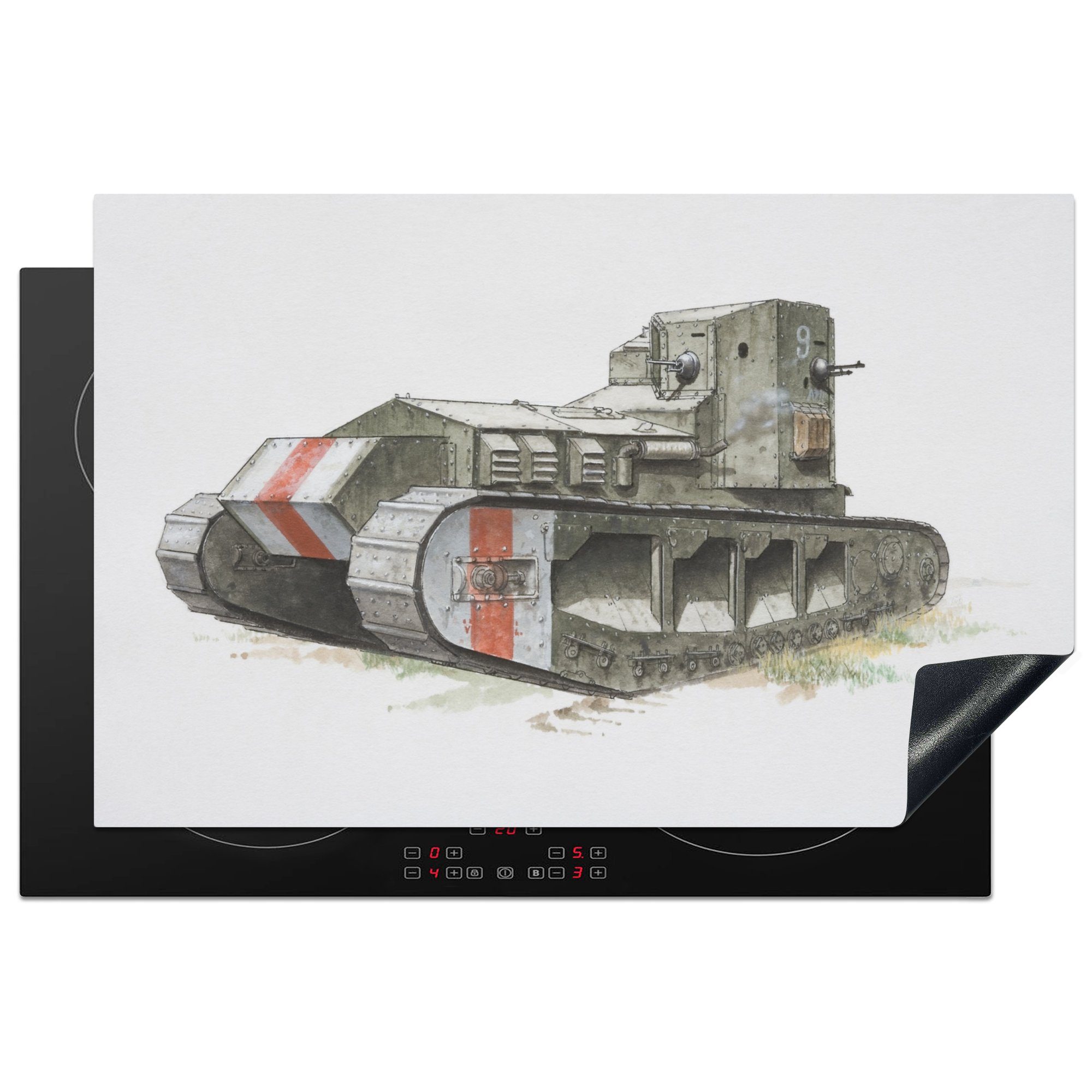 MuchoWow Herdblende-/Abdeckplatte Illustration eines britischen Panzers, Vinyl, (1 tlg), 81x52 cm, Induktionskochfeld Schutz für die küche, Ceranfeldabdeckung