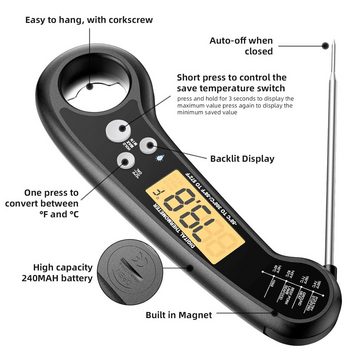 BlingBin Grillthermometer Digitales Thermometer Kochthermometer BBQ-Thermometer, 1er Set 1-tlg., Wasserdichtes Thermometer Kochen Küchenthermometer