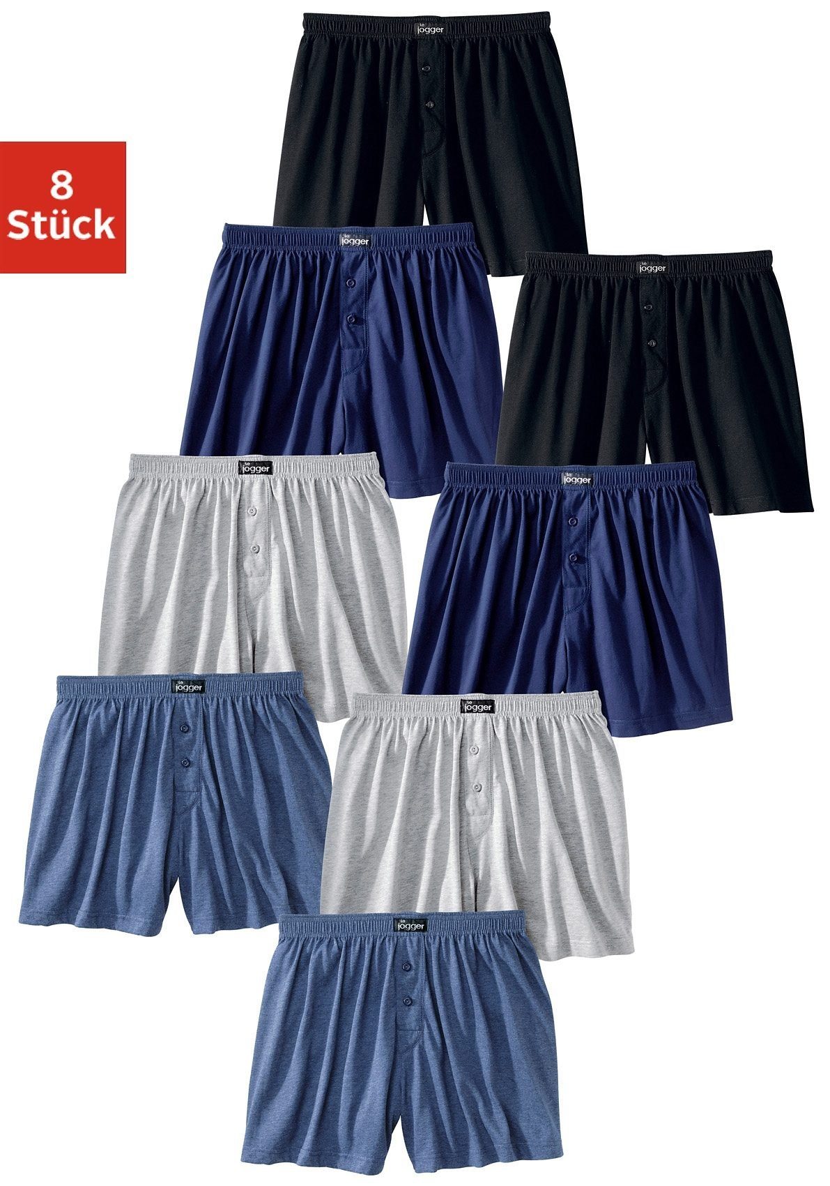 Baumwoll-Qualität blau-meliert grau-meliert, weicher 8-St) jogger® Weiter schwarz, angenehm (Packung, le Boxer aus marine,