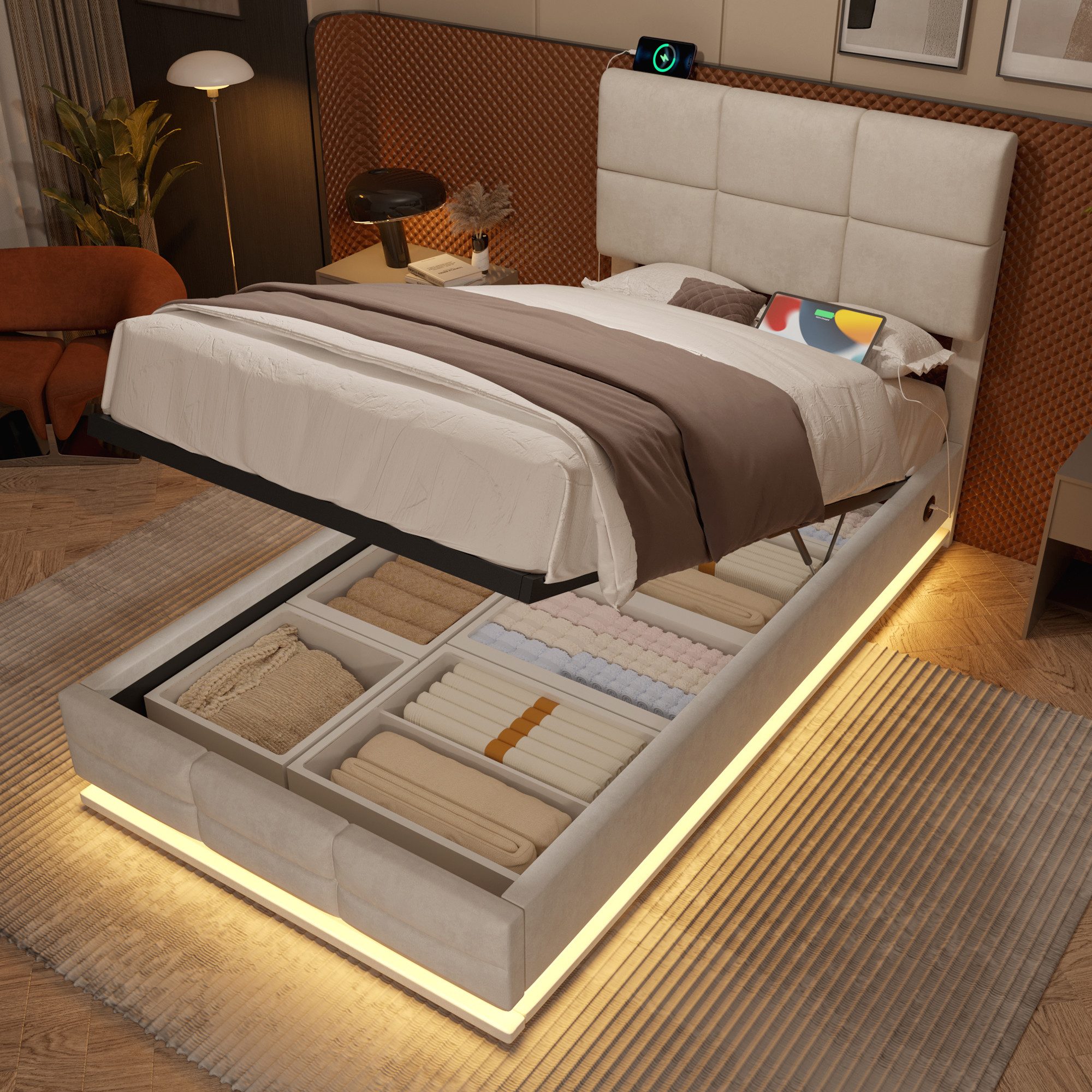 TavilaEcon Boxspringbett Modernes Polsterbett mit höhenverstellbarem Kopfteil & LED-Beleuchtung (1-St), mit USB-Anschlüsse, 90/140/160/180×200cm, beige/grau
