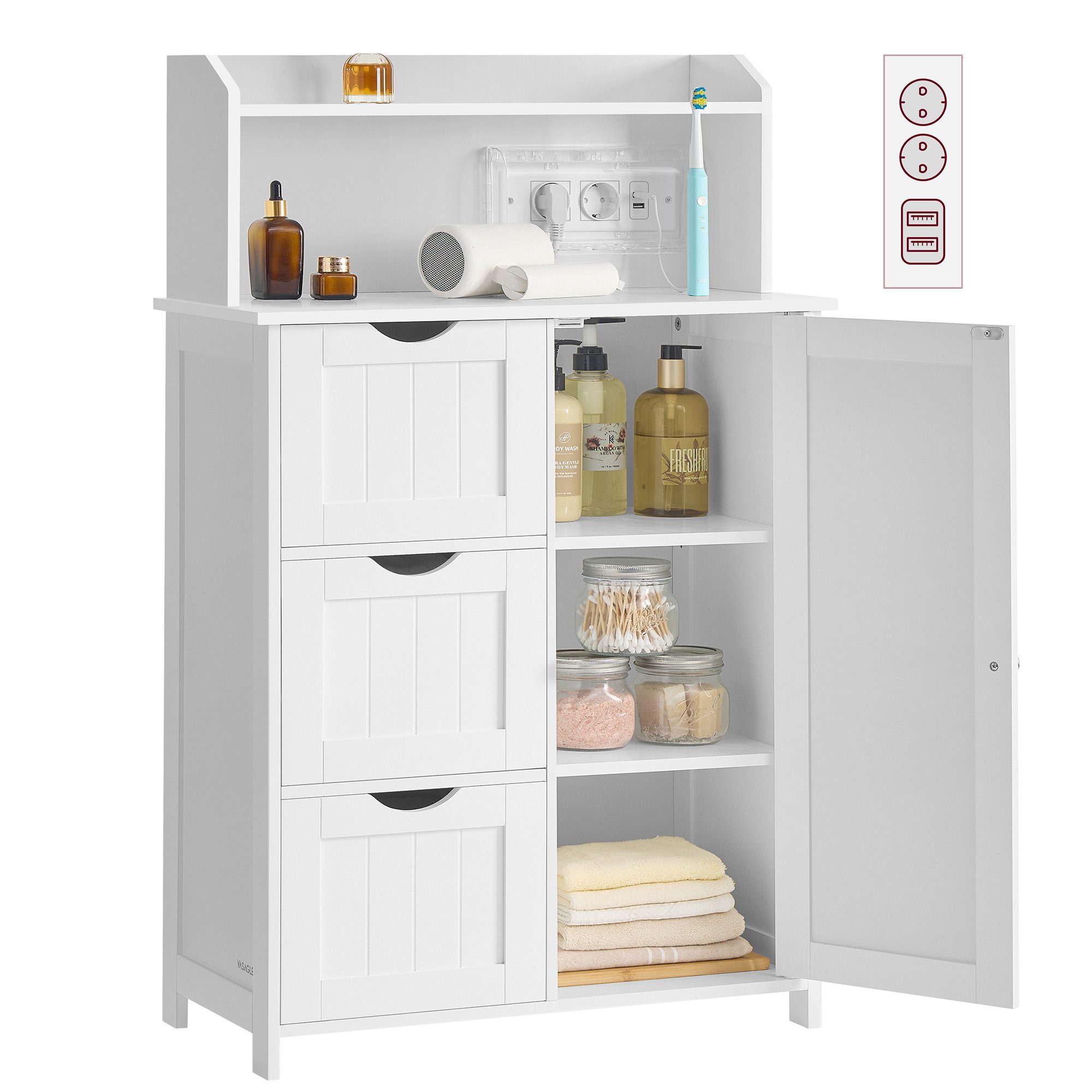 VASAGLE Badkommode Badezimmerschrank, Badschrank, stehend, verstellbare Ablagen, mit Tür, Steckdosenleiste, Schrank für Toilettenpapier, 30x60x100 cm