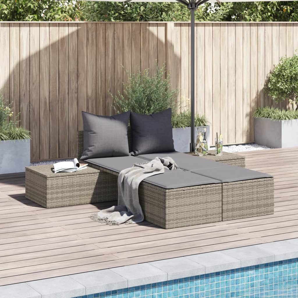 vidaXL Gartenliege, Doppel-Sonnenliege mit Kissen Grau Poly Rattan
