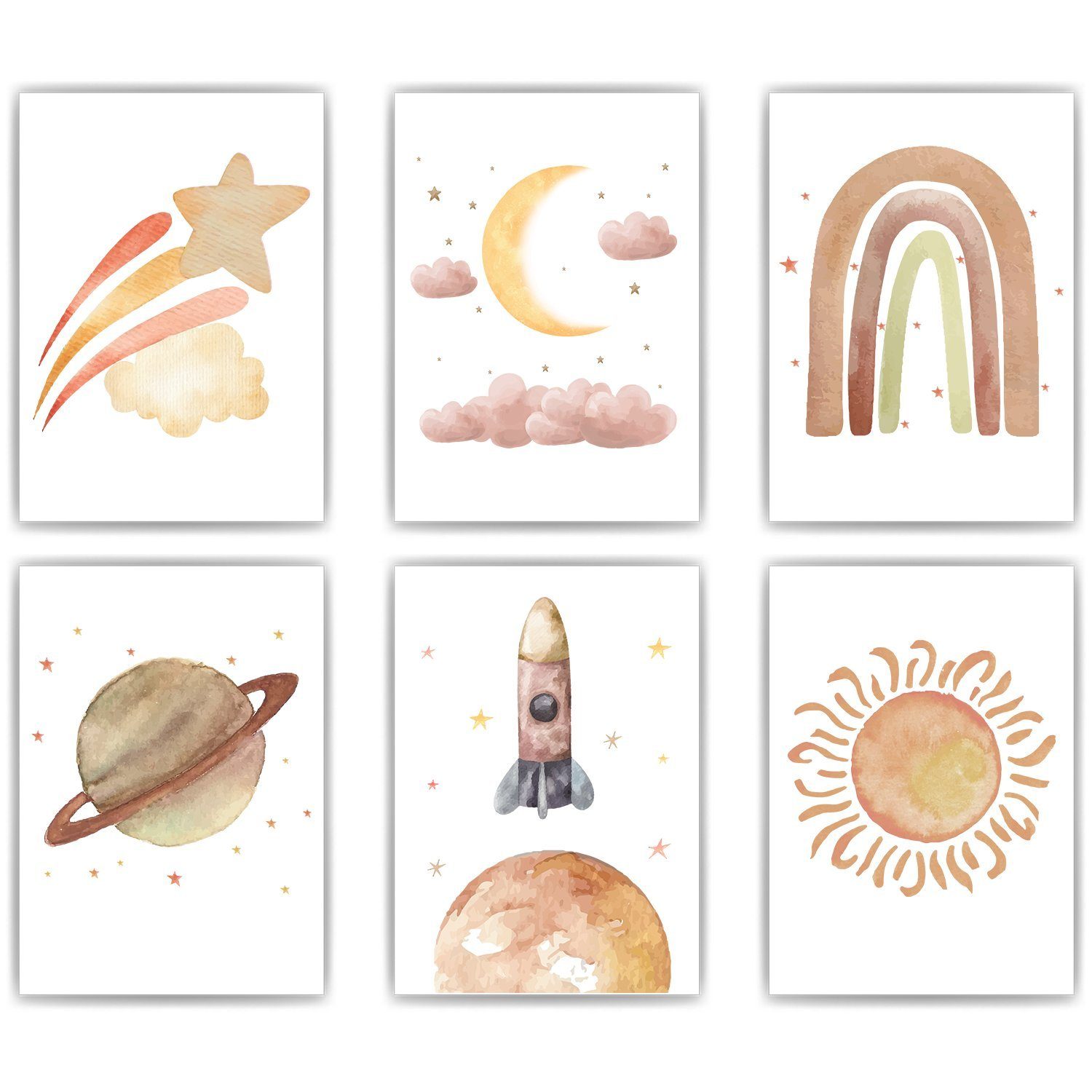 Tigerlino Poster Pastell Weltraum Stern Mond Regenbogen Rakete Bilder 6er Set