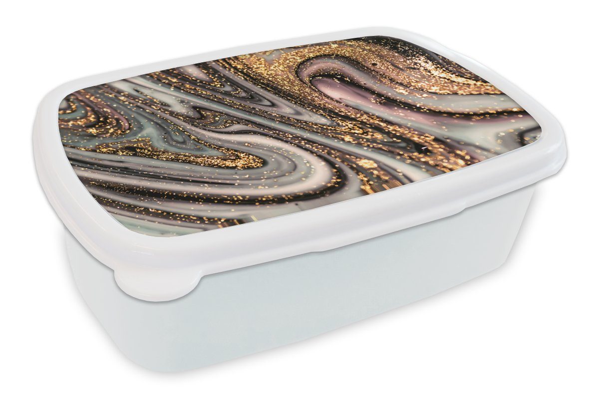 MuchoWow Lunchbox Marmoroptik - Gold - Glitter - Luxus - Marmor - Weiß, Kunststoff, (2-tlg), Brotbox für Kinder und Erwachsene, Brotdose, für Jungs und Mädchen