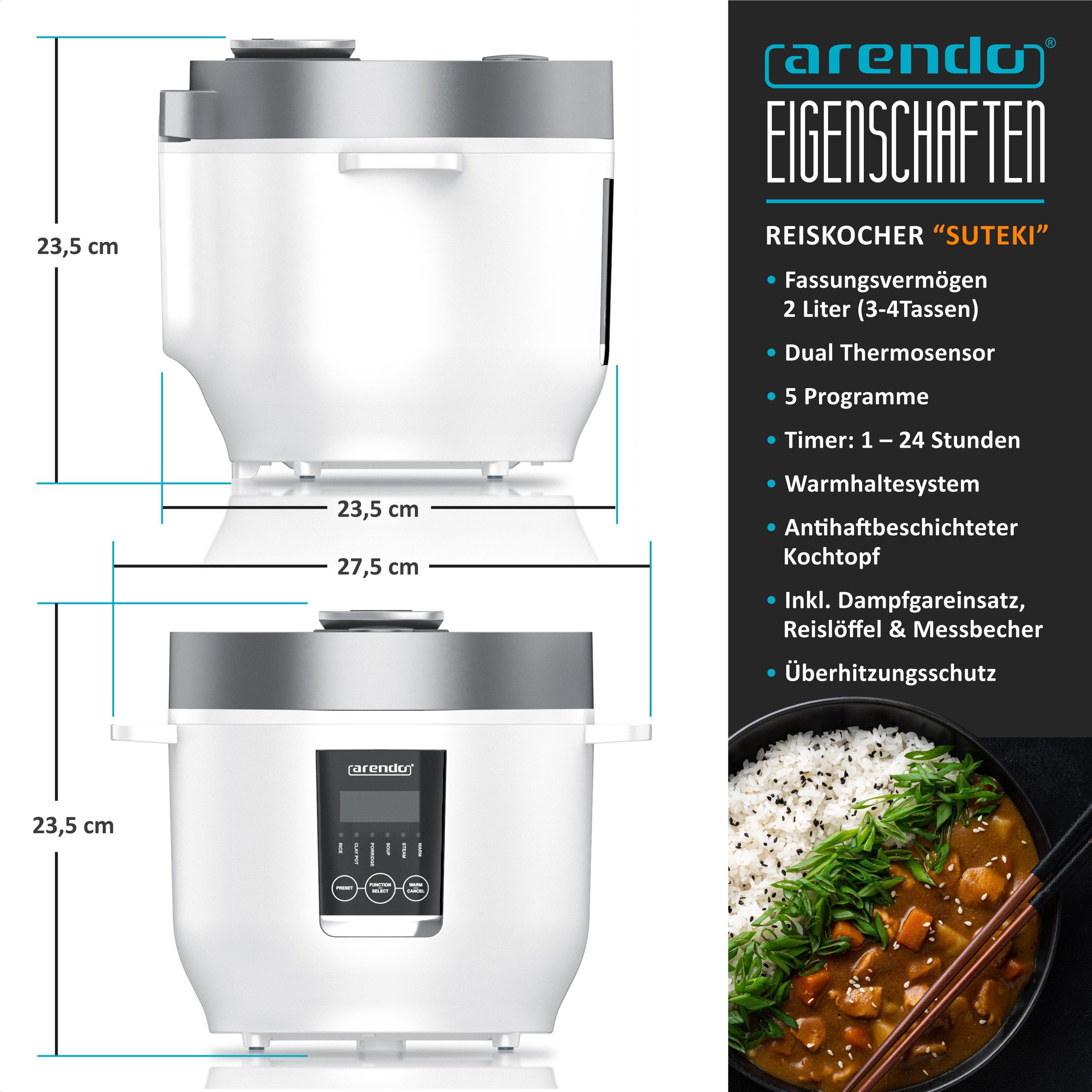 Arendo Reiskocher Digitaler Multikocher, Kochprogramme, Timer, Warmhaltefunktion Display, 350 W, antihaftbeschichteter Gartopf, Reislöffel & Messbecher, Schongarer