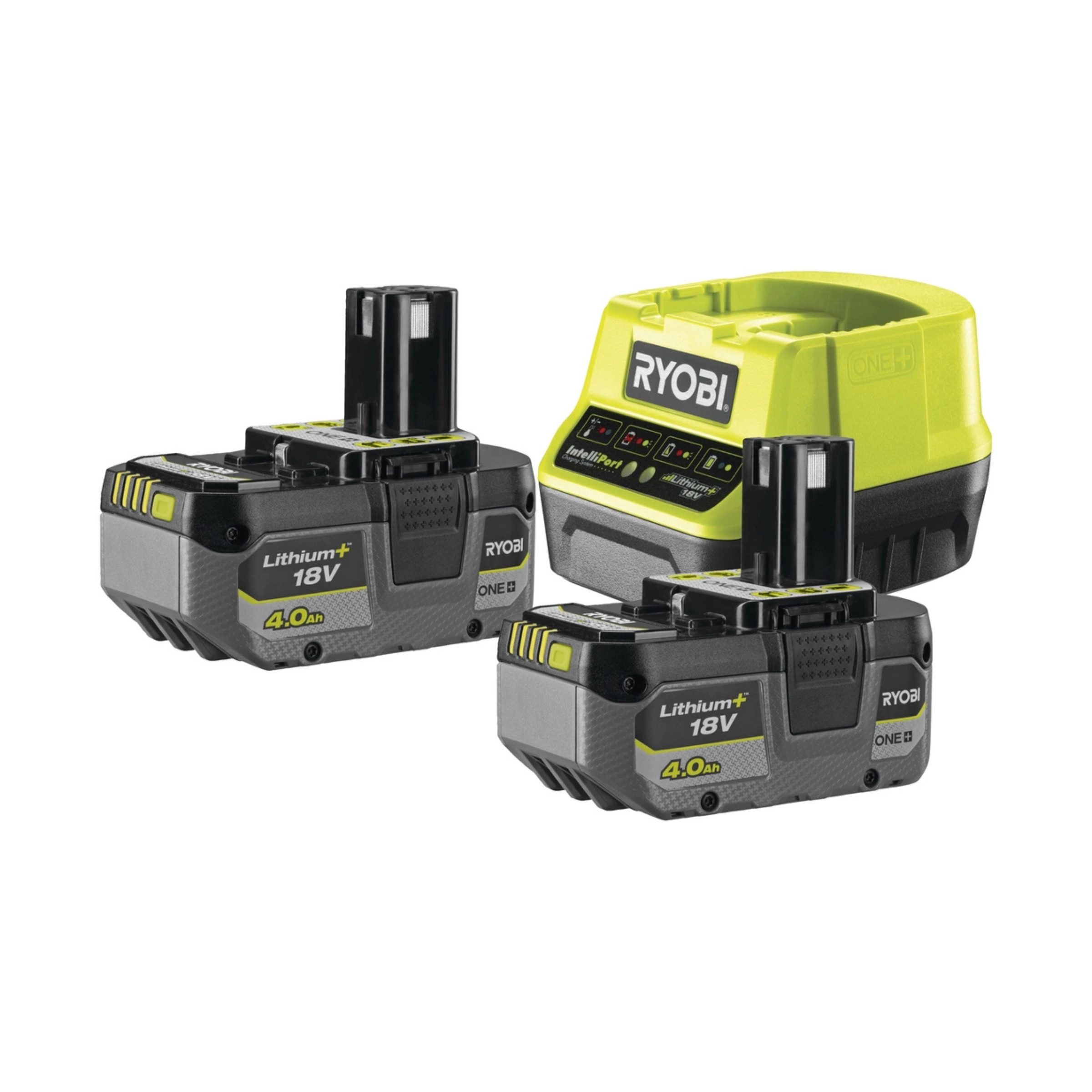 Ryobi Ryobi Set 2× 4.0Ah 18V ONE Akkus mit 2A Schnellladegerät alle Geräte Akku-Set (1 St)