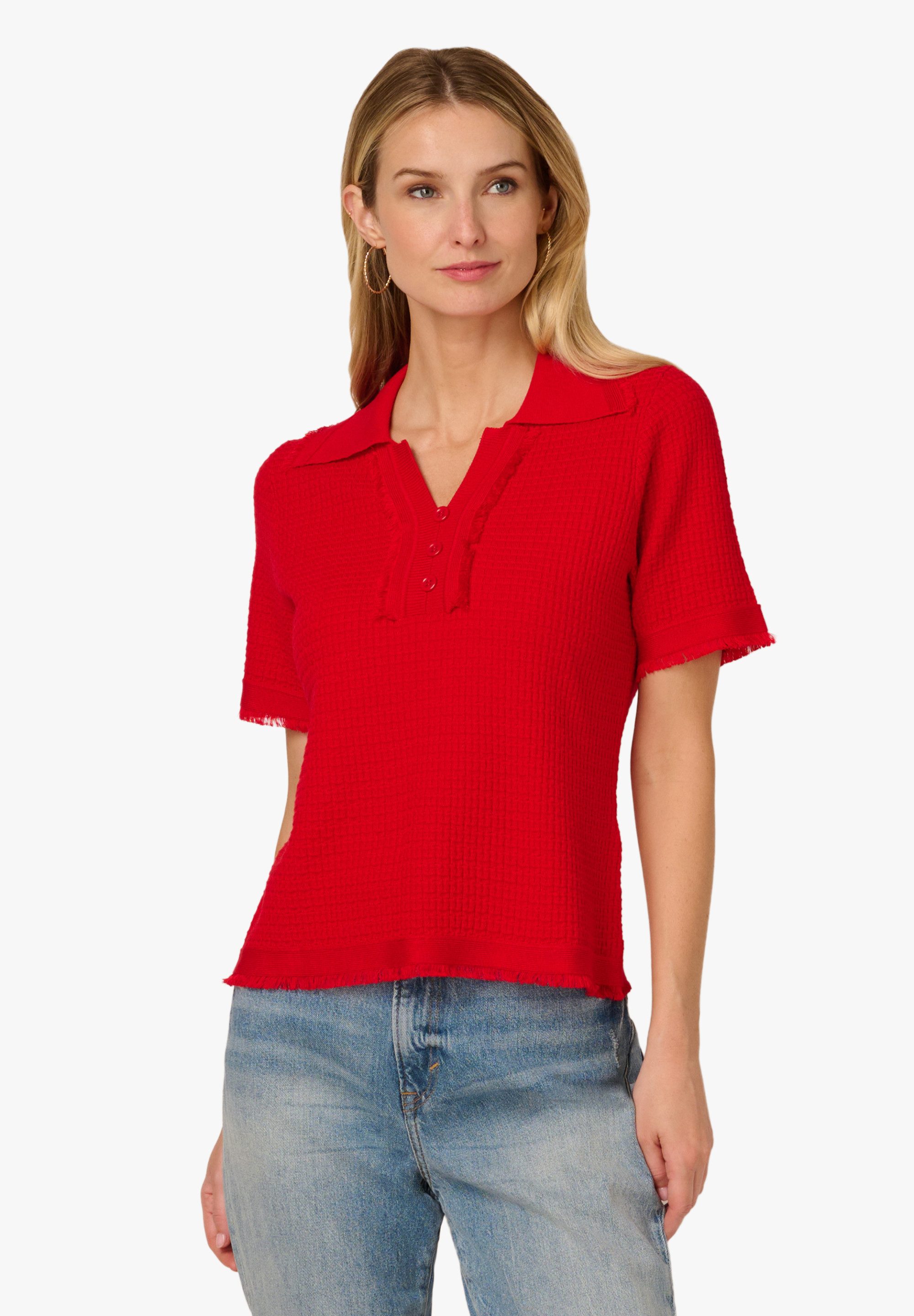 Adrianna Papell Stricktop Short Sleeve Button Front Polo Fray Edge Sweater Elegantes T-shirt aus Waffelpikee mit zarten Fransen am Kragen