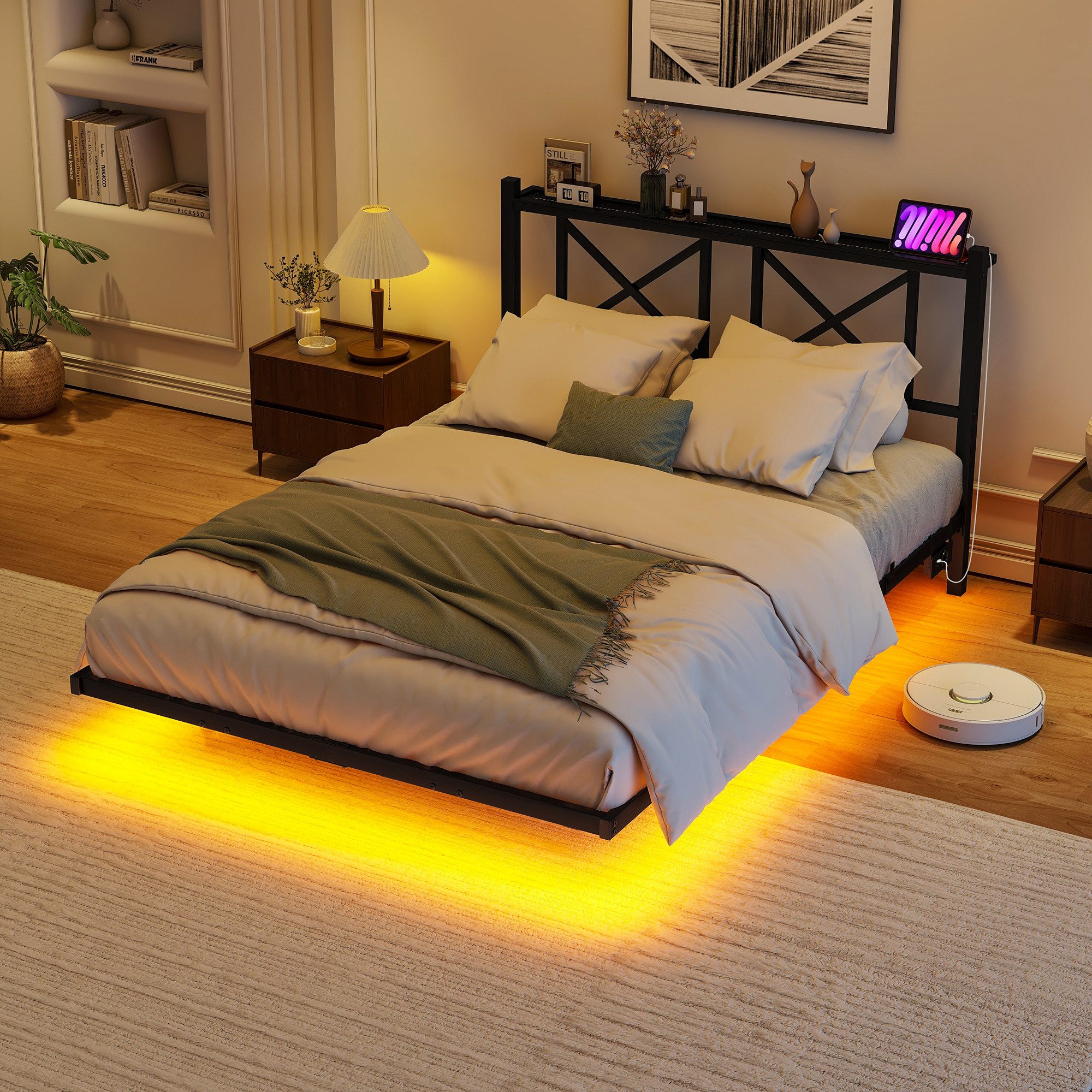 REDOM Kinderbett mit LED-Licht und Ladefunktion (schwebender Bettrahmen inklusive Kopfteil, Doppelbett Metallbett, 120x200 cm)