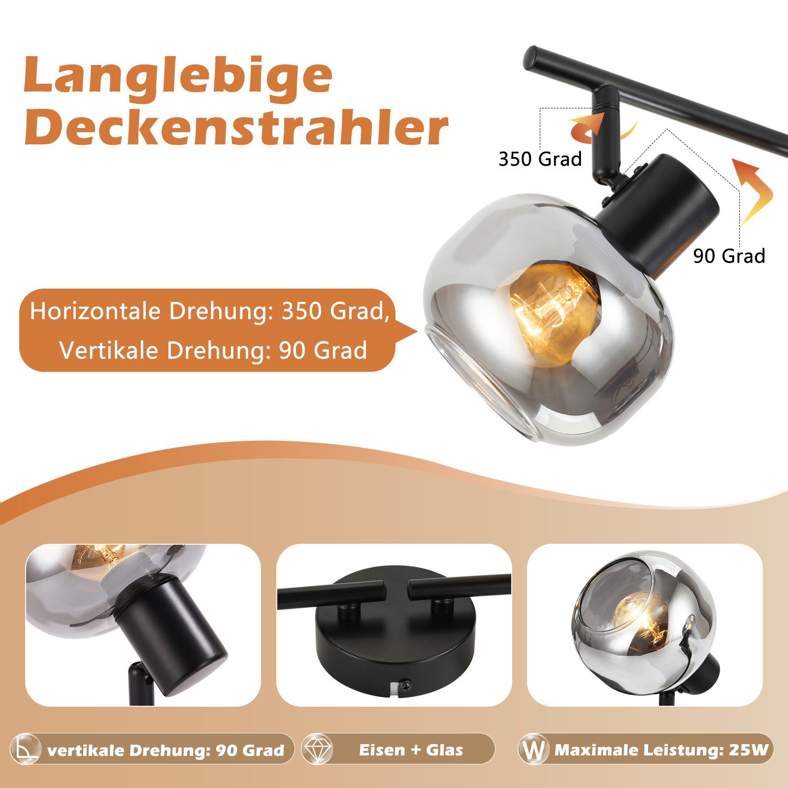 ZMH Deckenleuchte Wohnzimmer 350° Drehbar Rauchgrau Glas Retro Flurlampe für Küche, Vertikale Drehung: 90 Grad, ohne Leuchtmittel – Bild 5 von 5