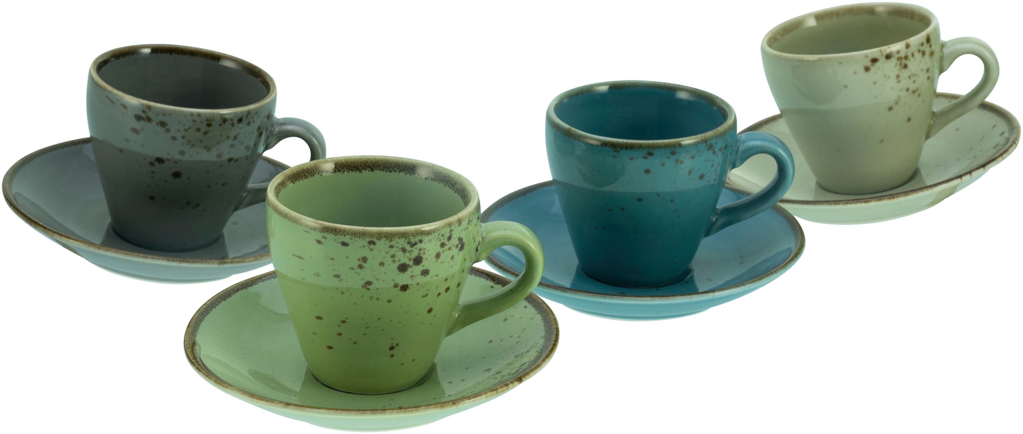 CreaTable Espressotasse Kaffeetasse NATURE COLLECTION, 8-tlg., Steinzeug, Tassen Set, naturfarben mit Sprenkel, 4 Tassen, 4 Untertassen