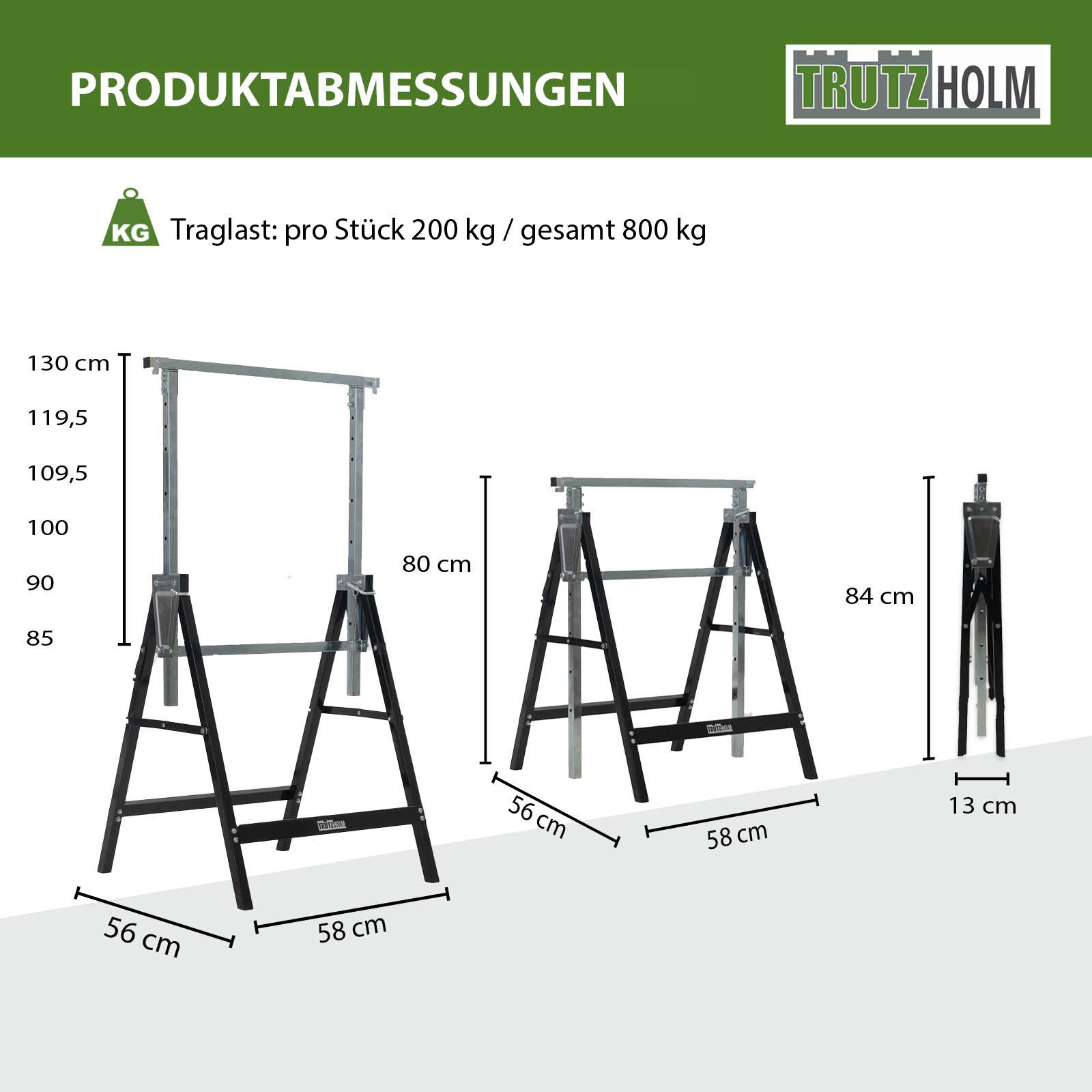 TRUTZHOLM Klappbock Arbeitsbock bis 800 kg Stahl lackiert schwarz Klappbock Gerüstbock, (4er Set), 7-fach höhenverstellbar
