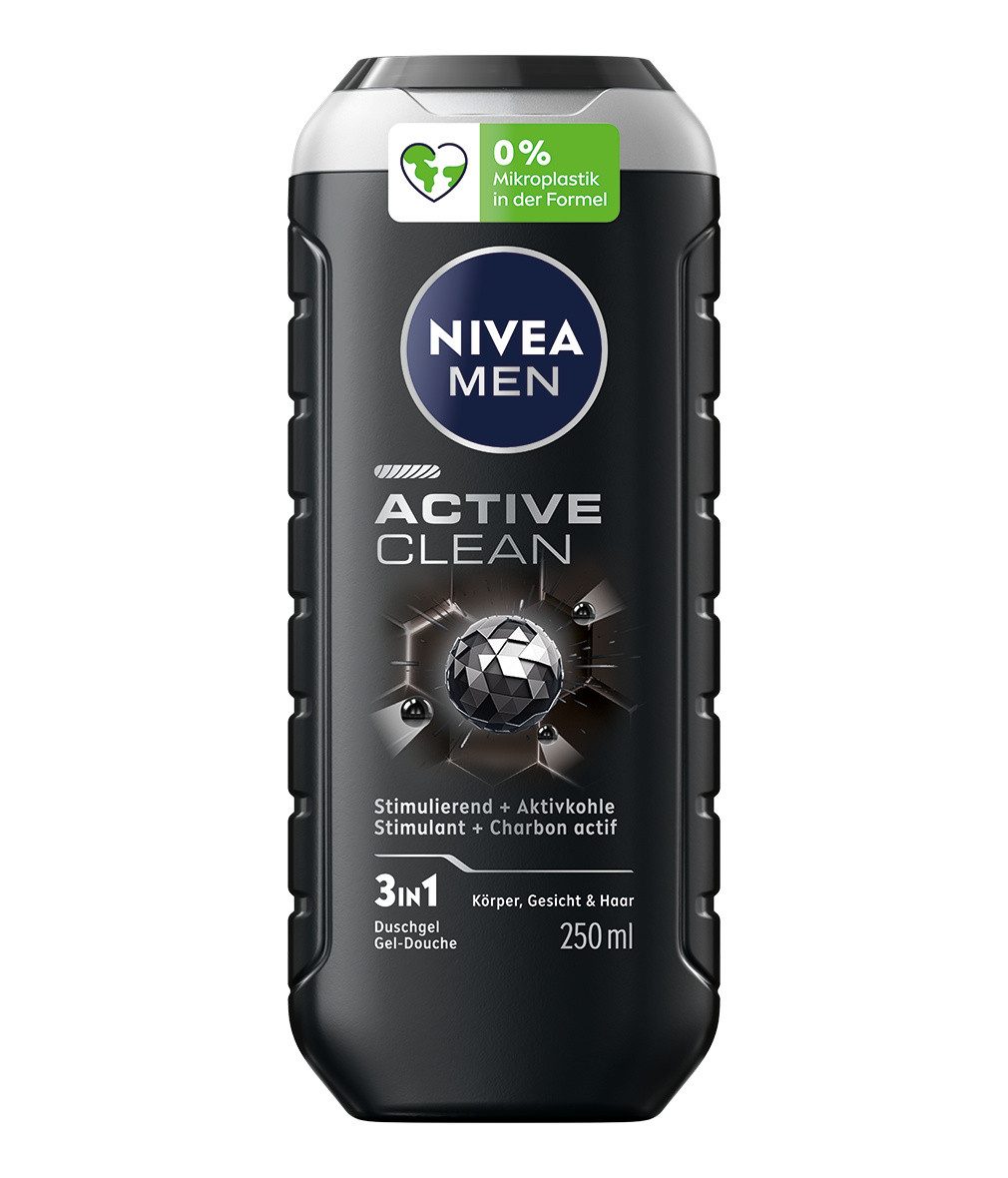 Nivea Men Duschgel Active Clean 6 x 250ml, 6-tlg., Mit Aktivkohle natürlichen Ursprungs