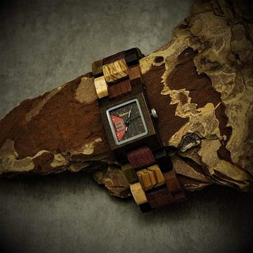 Holzwerk Quarzuhr SEESEN Damen Holz Armband Uhr, Design Eckig, braun, schwarz & rot