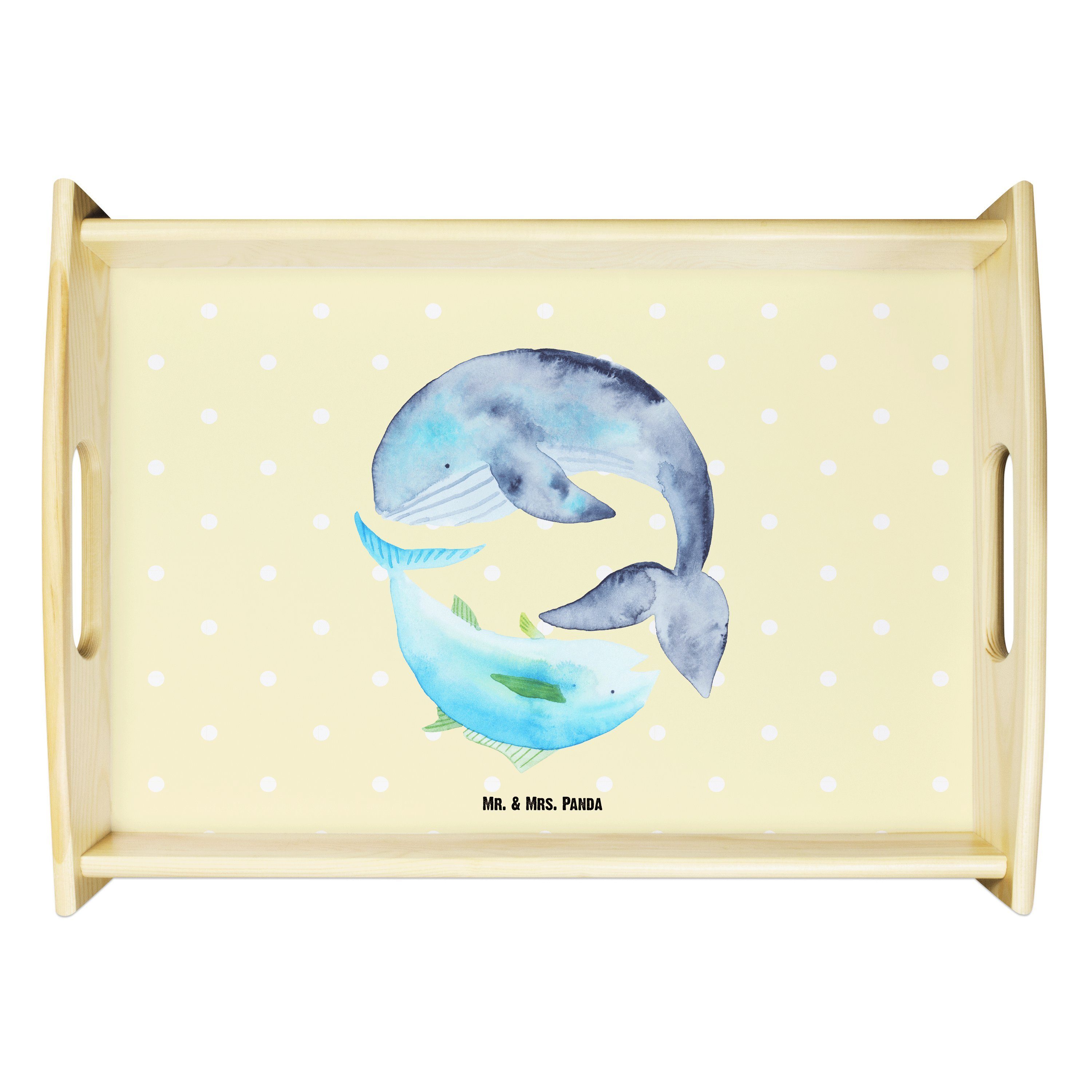 Mr. & Mrs. Panda Tablett Walfisch & Thunfisch - Gelb Pastell - Geschenk, Gute Laune, Holztable, Echtholz lasiert, (1-tlg)