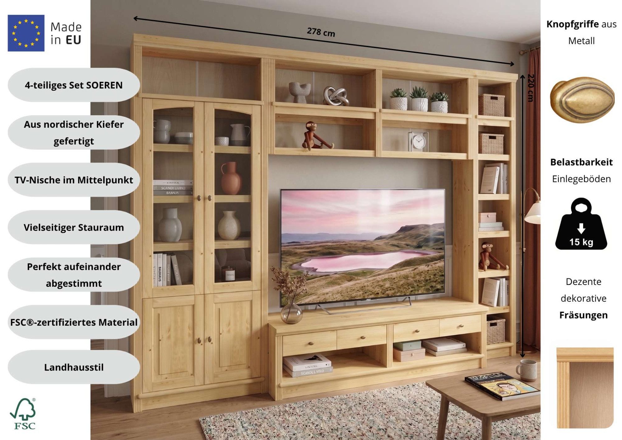 OTTO home Wohnwand Soeren, (Set, 4-St), aus massiver Kiefer, mit dekorativer Fräsung