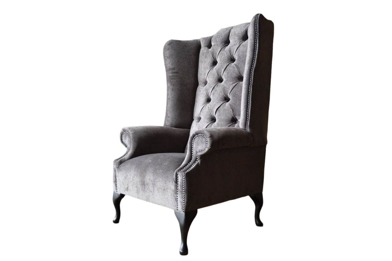 JVmoebel Ohrensessel Ohrensessel Sessel Grau Design Polster Samt Couch Chesterfield Textil, Made In Europe